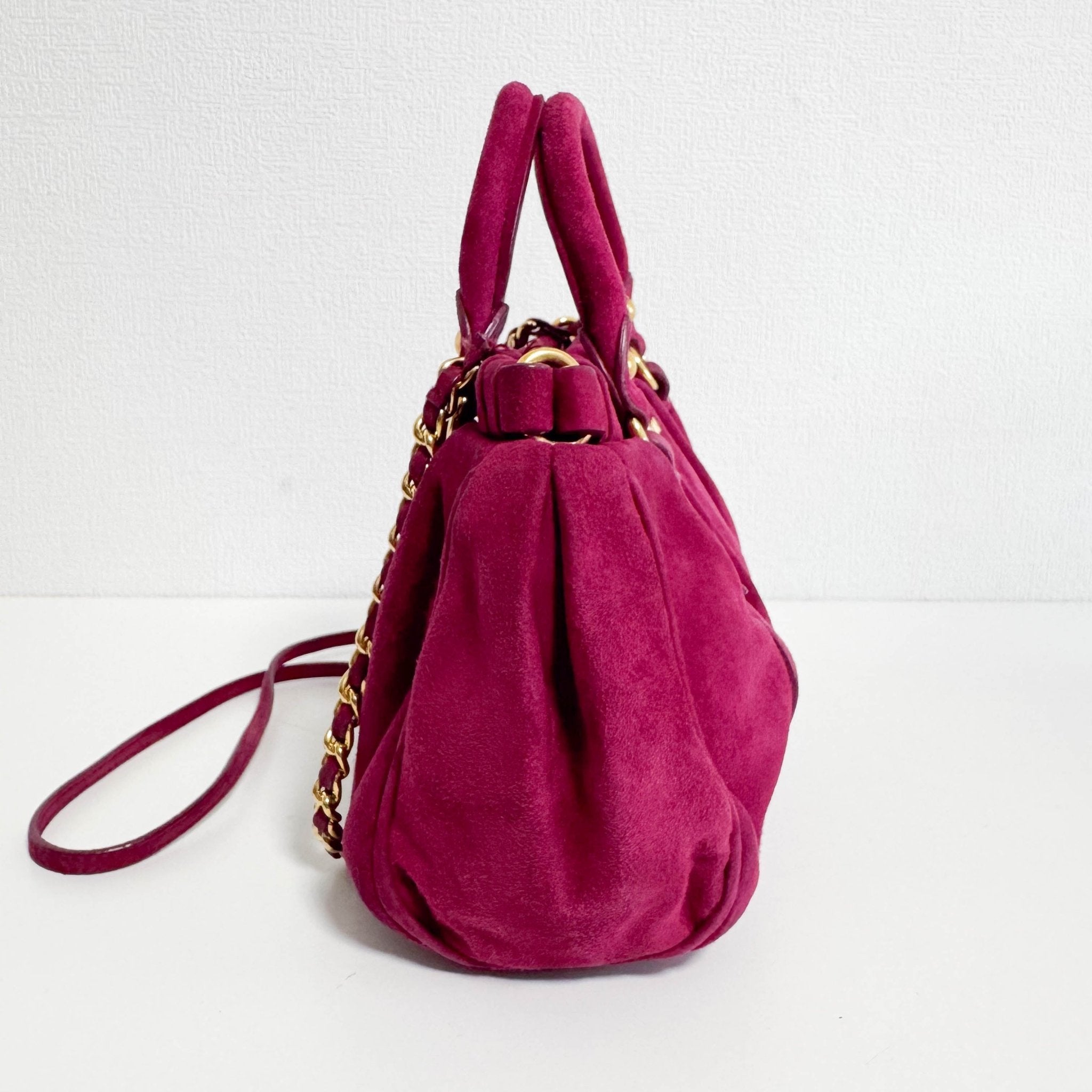 MIU MIU Mini Vitello Suede Raspberry Pink Handbag, in , Sold by HIVE PRELOVED - Mini bags, Shoulder Bags,
