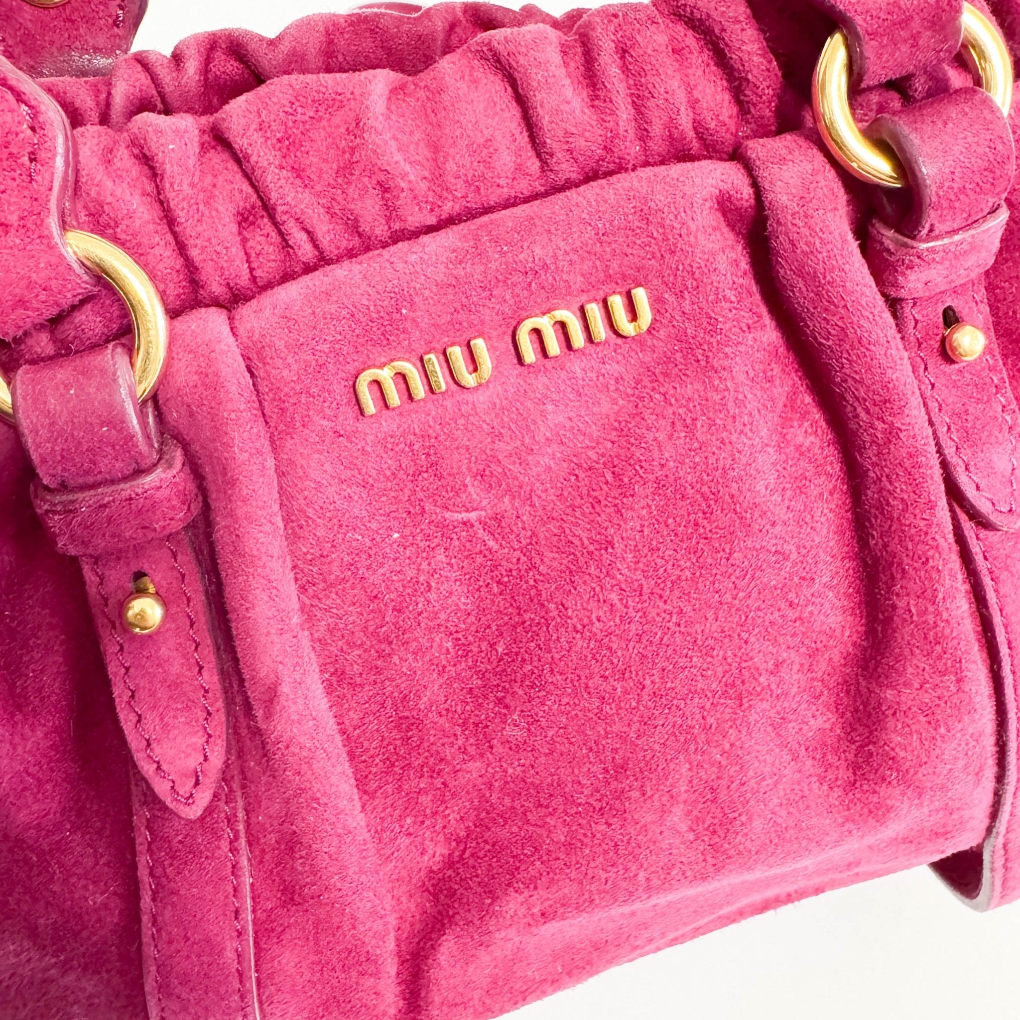 MIU MIU Mini Vitello Suede Raspberry Pink Handbag, in , Sold by HIVE PRELOVED - Mini bags, Shoulder Bags,