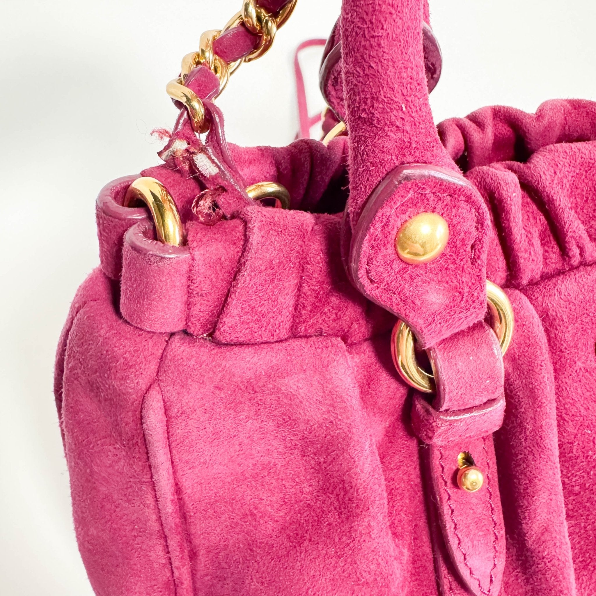 MIU MIU Mini Vitello Suede Raspberry Pink Handbag, in , Sold by HIVE PRELOVED - Mini bags, Shoulder Bags,
