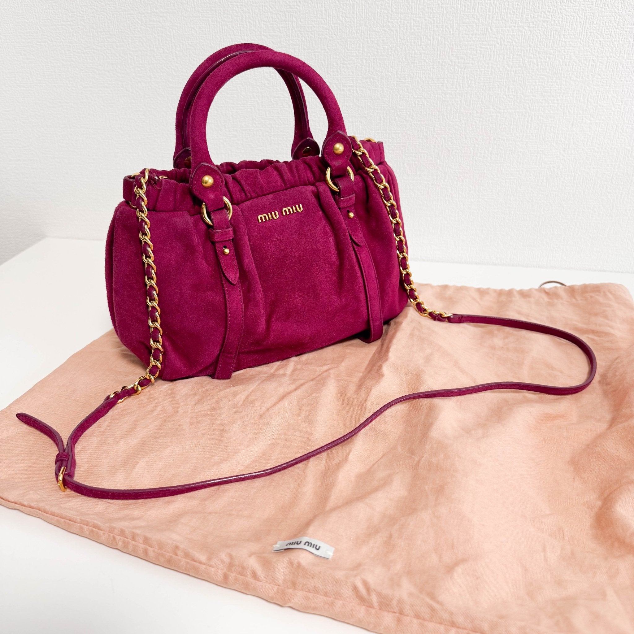 MIU MIU Mini Vitello Suede Raspberry Pink Handbag, in , Sold by HIVE PRELOVED - Mini bags, Shoulder Bags,