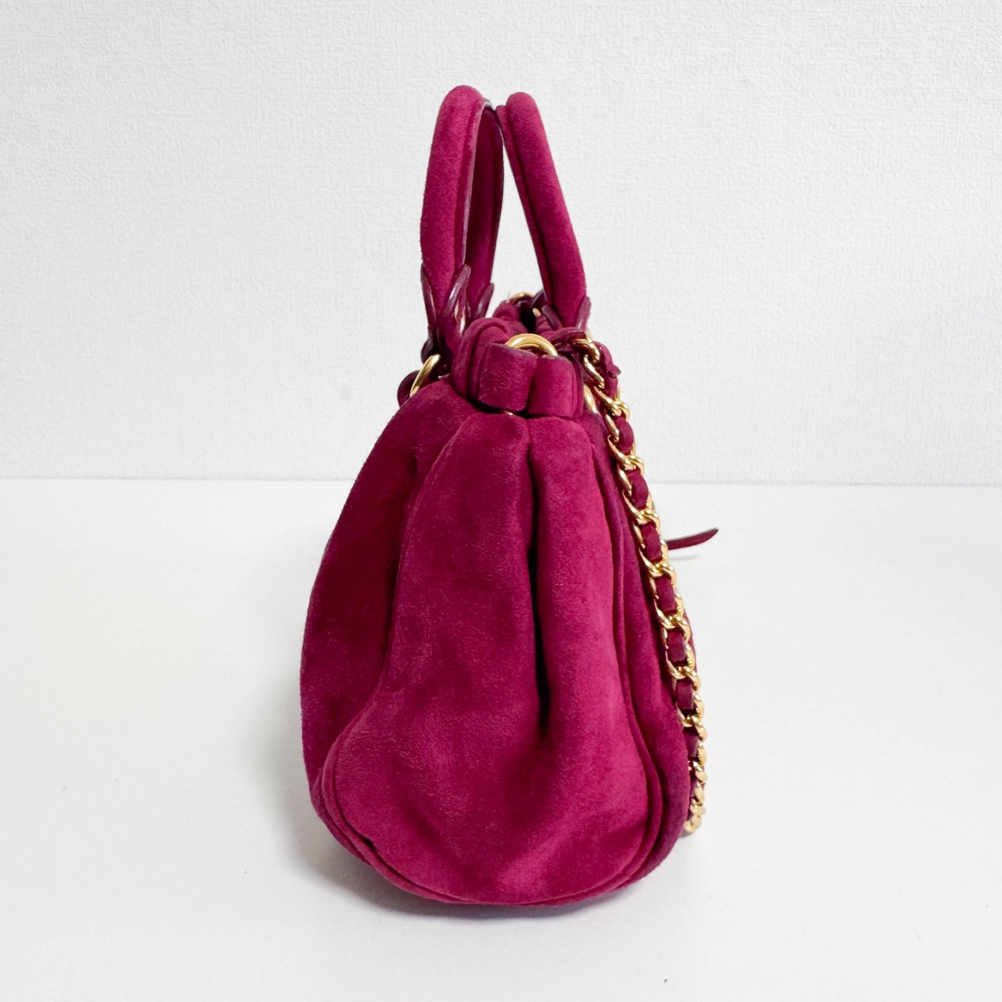 MIU MIU Mini Vitello Suede Raspberry Pink Handbag, in , Sold by HIVE PRELOVED - Mini bags, Shoulder Bags,