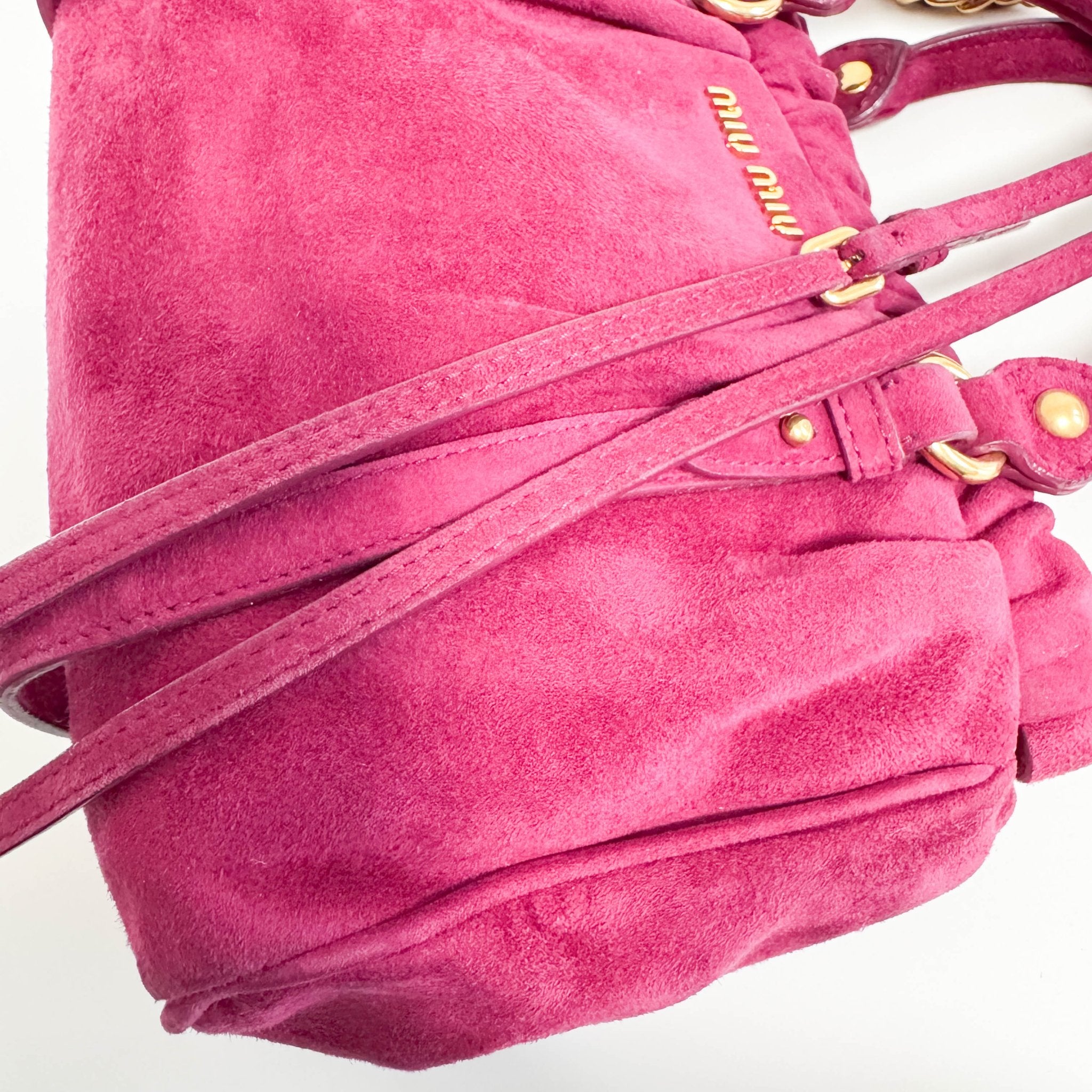 MIU MIU Mini Vitello Suede Raspberry Pink Handbag, in , Sold by HIVE PRELOVED - Mini bags, Shoulder Bags,