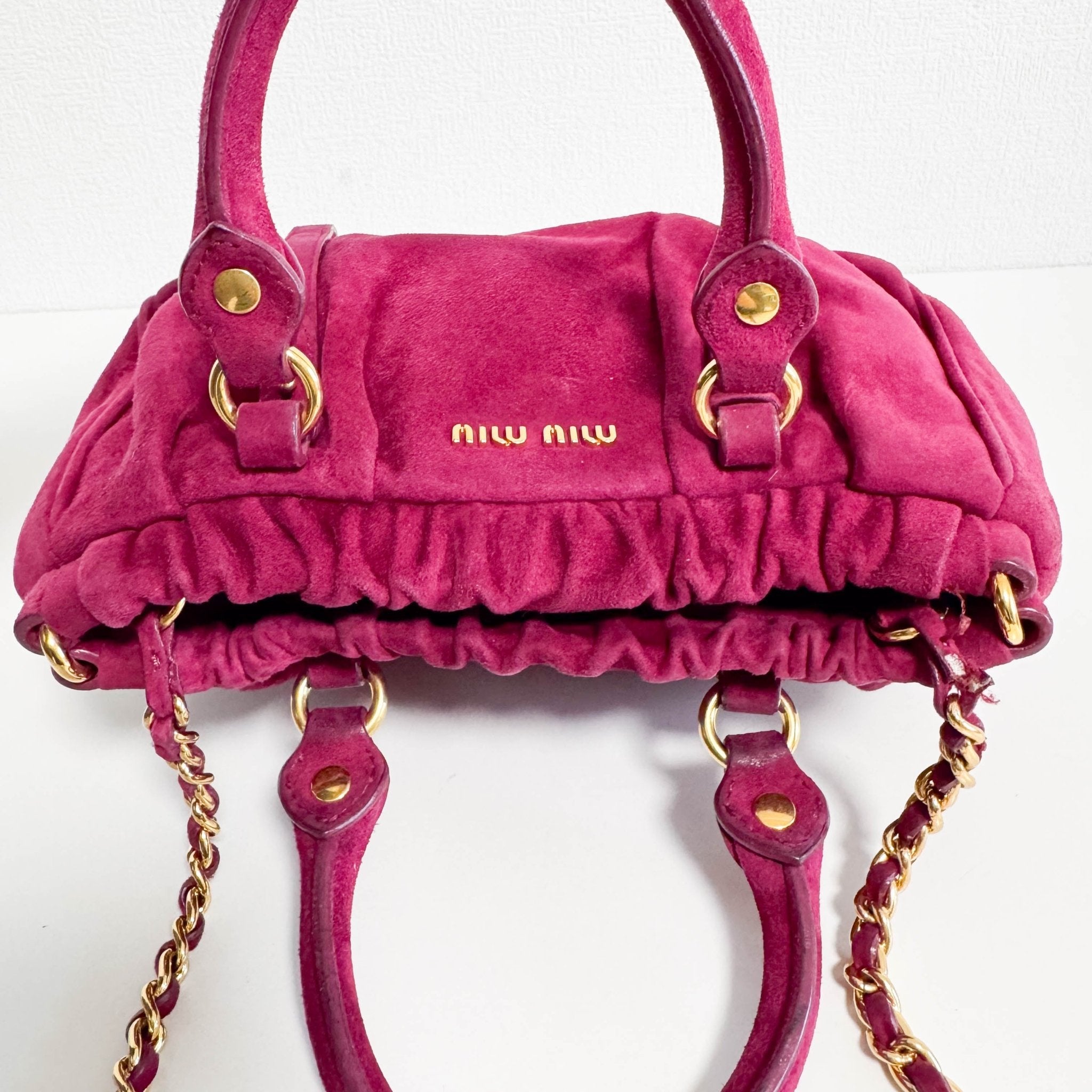 MIU MIU Mini Vitello Suede Raspberry Pink Handbag, in , Sold by HIVE PRELOVED - Mini bags, Shoulder Bags,