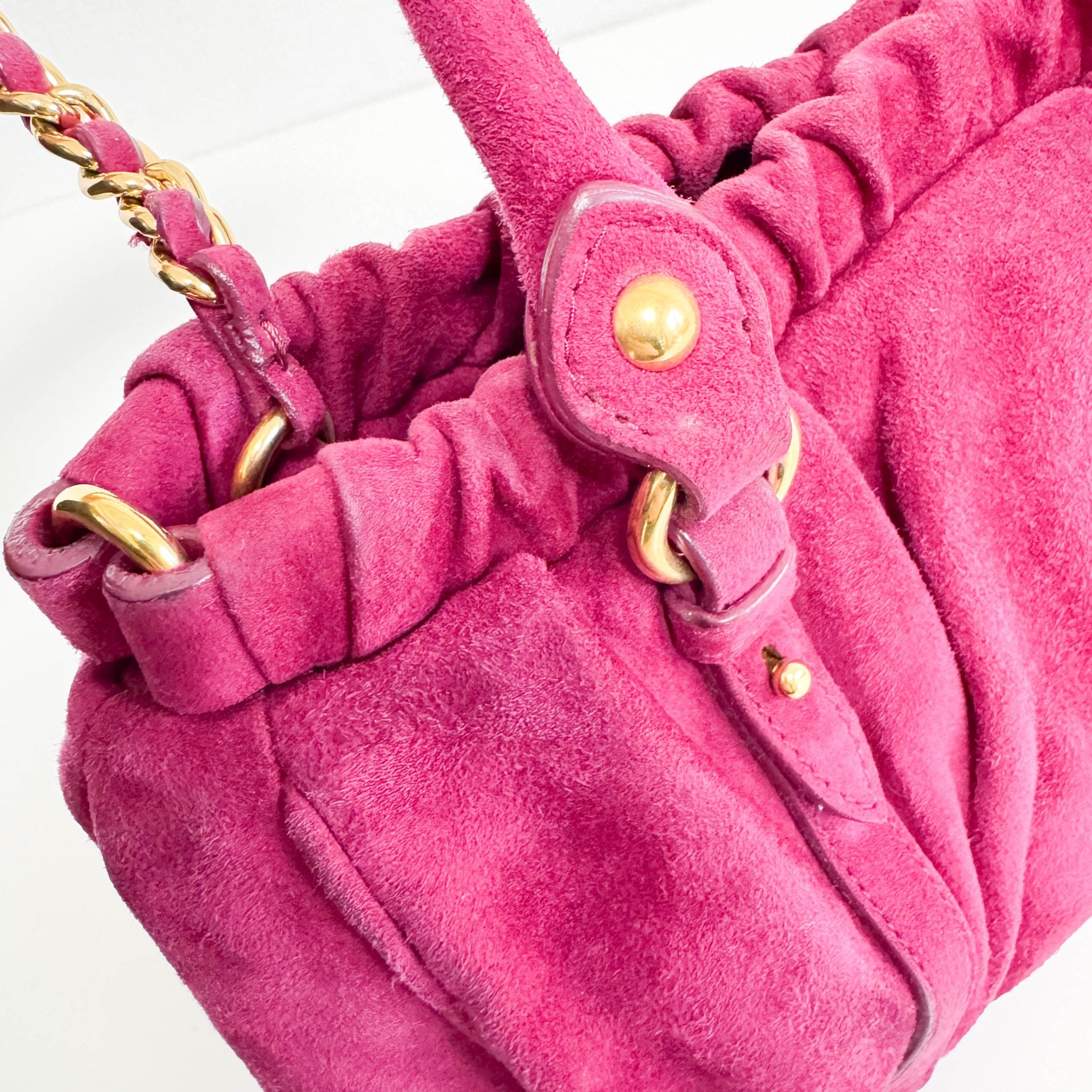 MIU MIU Mini Vitello Suede Raspberry Pink Handbag, in , Sold by HIVE PRELOVED - Mini bags, Shoulder Bags,