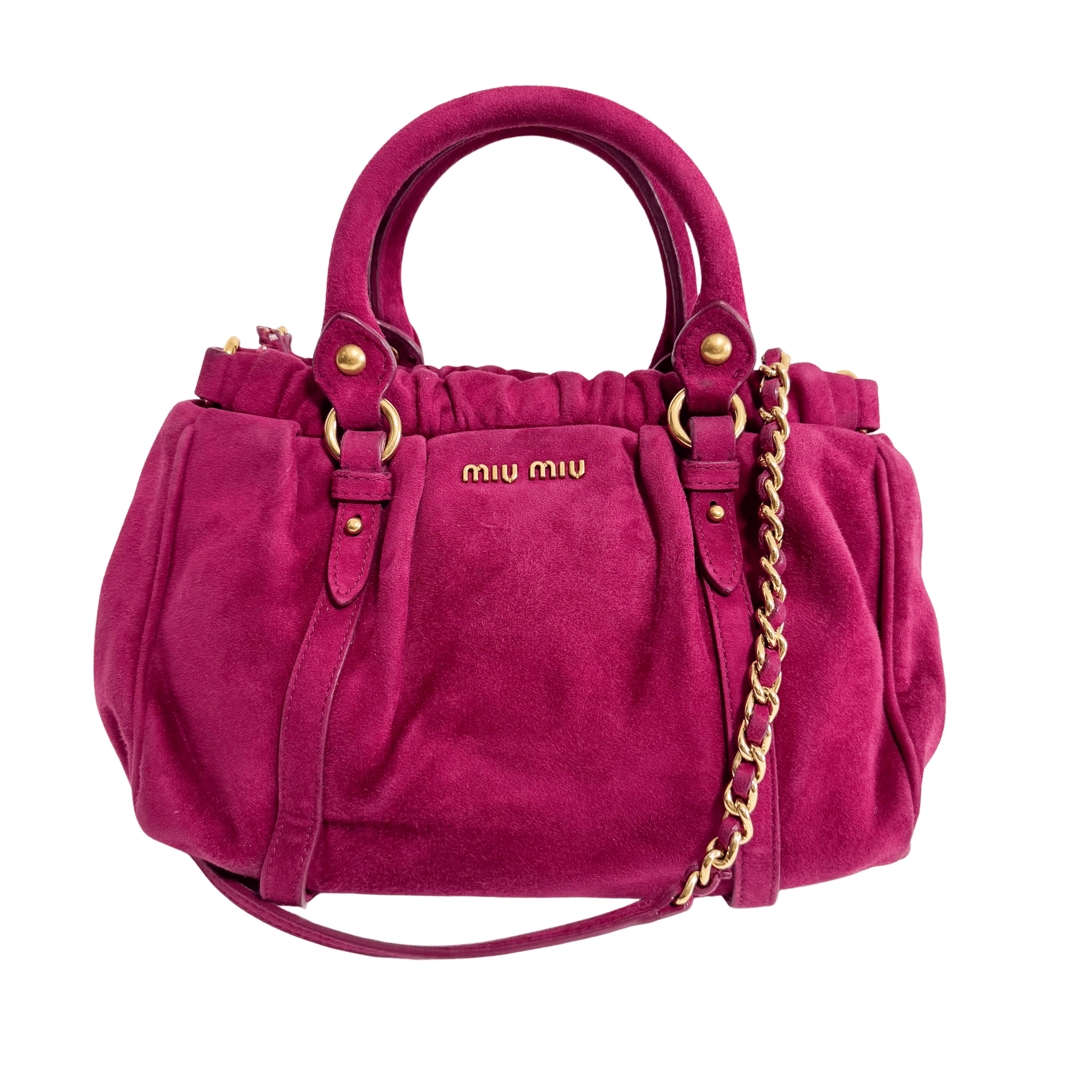 MIU MIU Mini Vitello Suede Raspberry Pink Handbag, in , Sold by HIVE PRELOVED - Mini bags, Shoulder Bags,