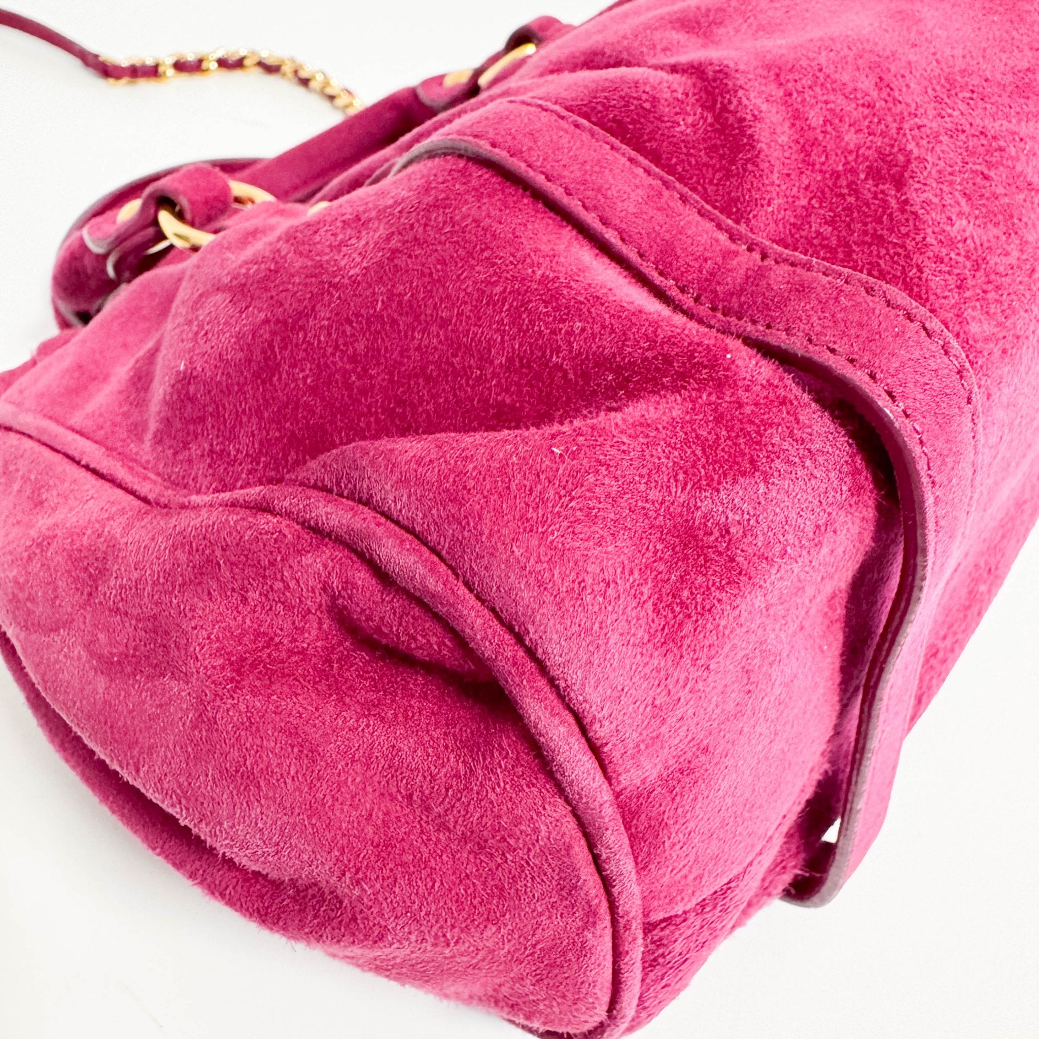 MIU MIU Mini Vitello Suede Raspberry Pink Handbag, in , Sold by HIVE PRELOVED - Mini bags, Shoulder Bags,