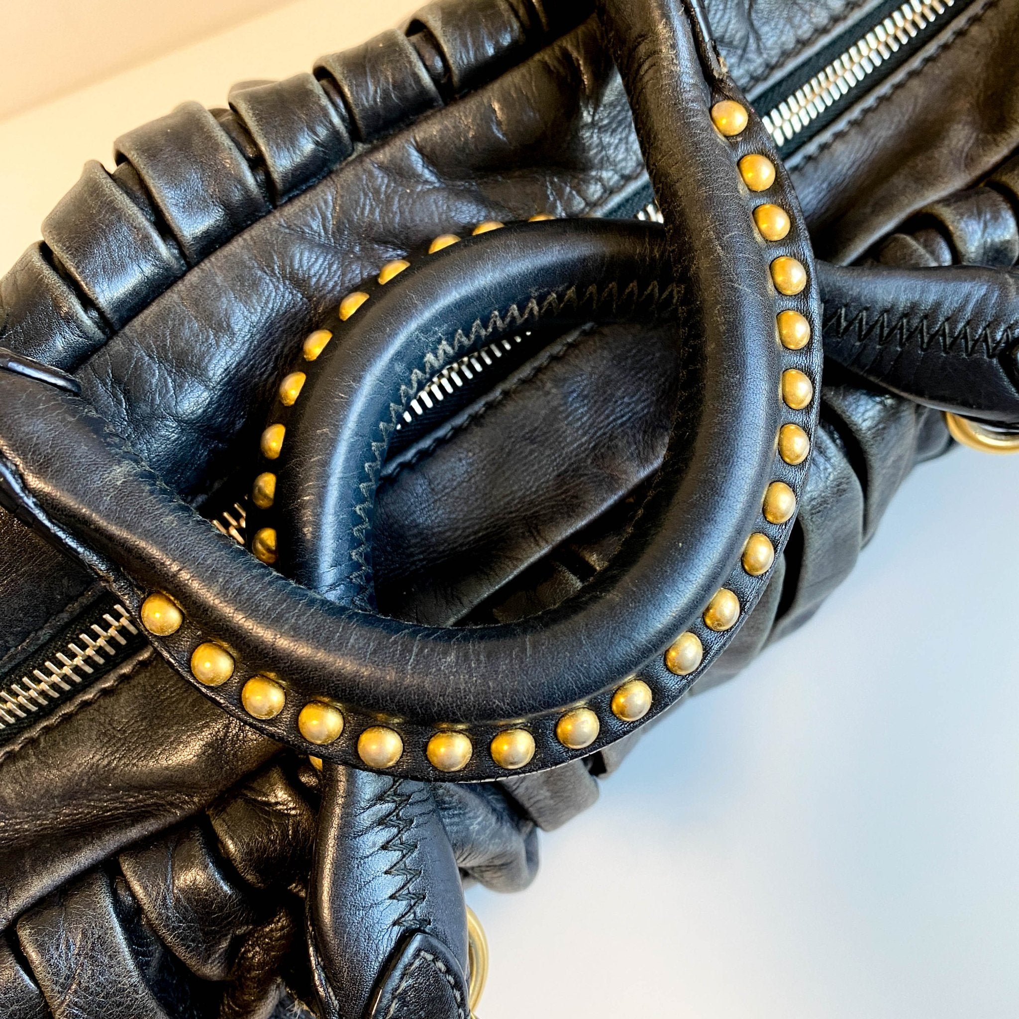 MIU MIU Pleated Leather Black Gold Hardware Handbag, in , Sold by HIVE PRELOVED - Handle Bags, Shoulder Bags,