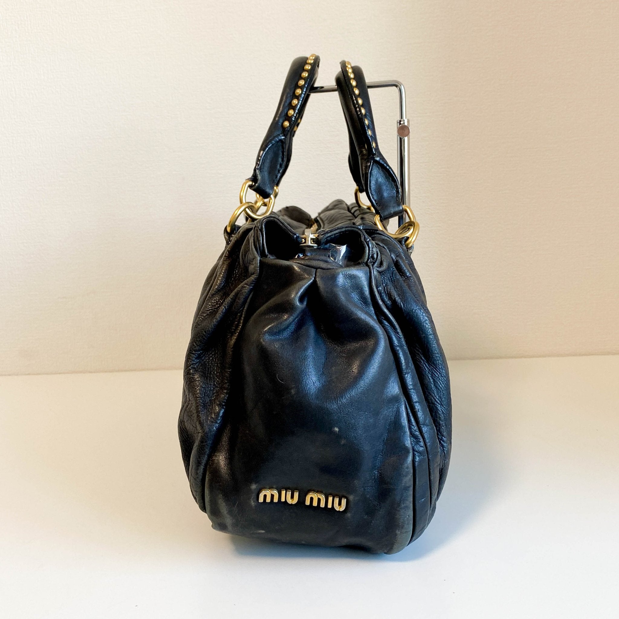 MIU MIU Pleated Leather Black Gold Hardware Handbag, in , Sold by HIVE PRELOVED - Handle Bags, Shoulder Bags,