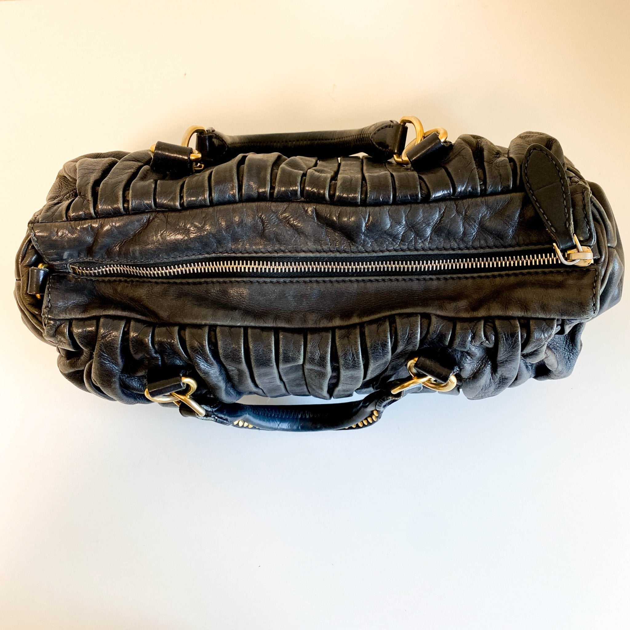 MIU MIU Pleated Leather Black Gold Hardware Handbag, in , Sold by HIVE PRELOVED - Handle Bags, Shoulder Bags,