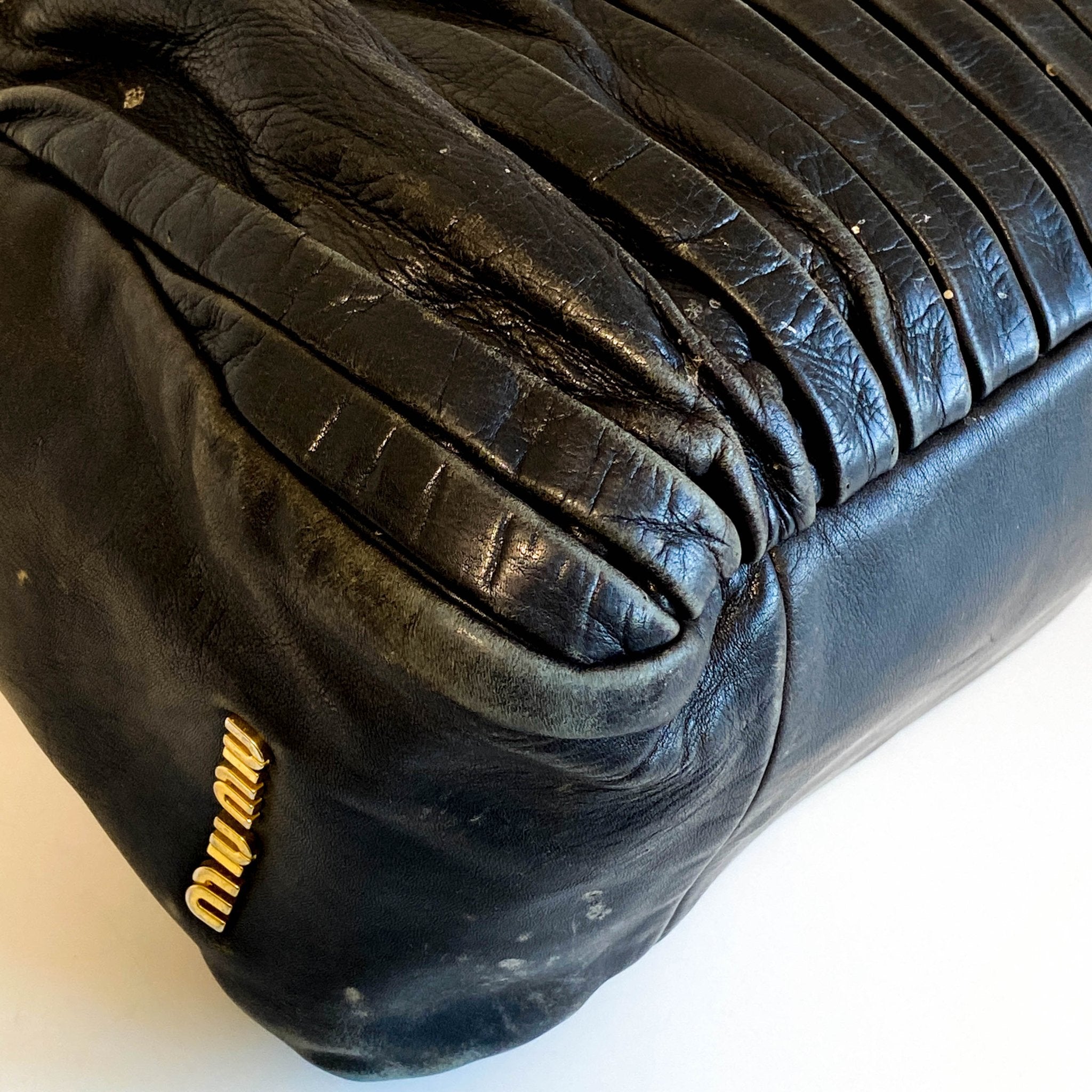 MIU MIU Pleated Leather Black Gold Hardware Handbag, in , Sold by HIVE PRELOVED - Handle Bags, Shoulder Bags,