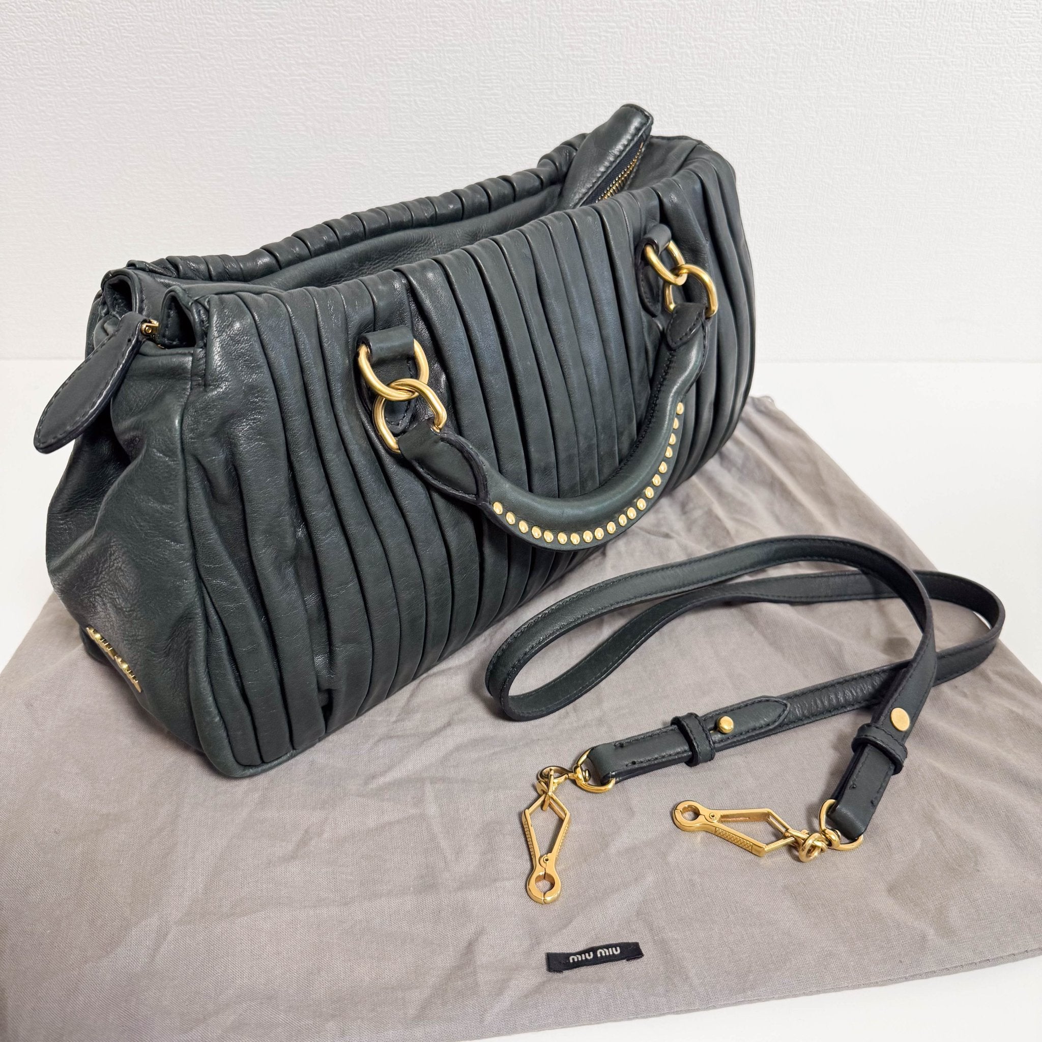 MIU MIU Pleated Leather Green Gold Hardware Handbag, in , Sold by HIVE PRELOVED - Handle Bags, ,