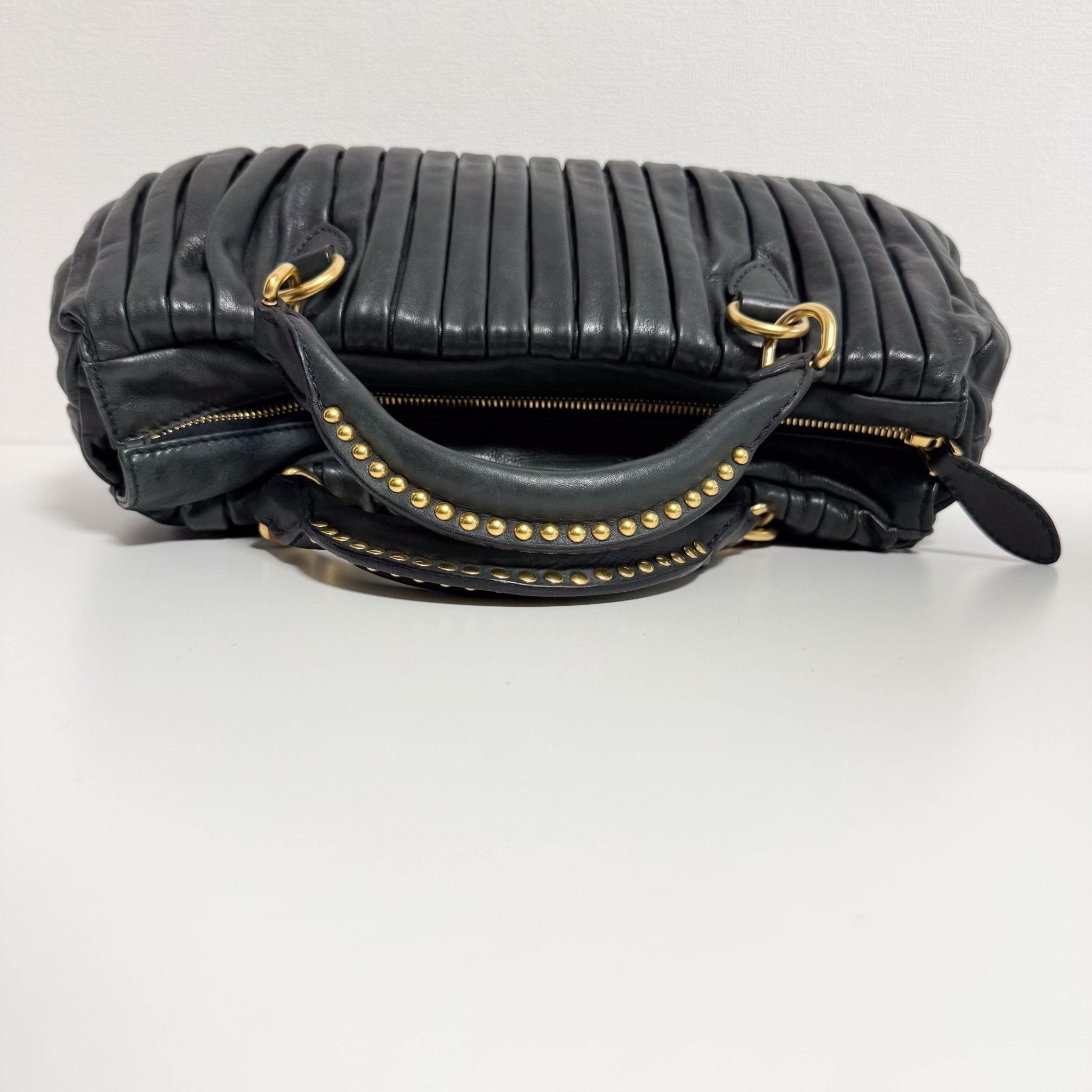 MIU MIU Pleated Leather Green Gold Hardware Handbag, in , Sold by HIVE PRELOVED - Handle Bags, ,