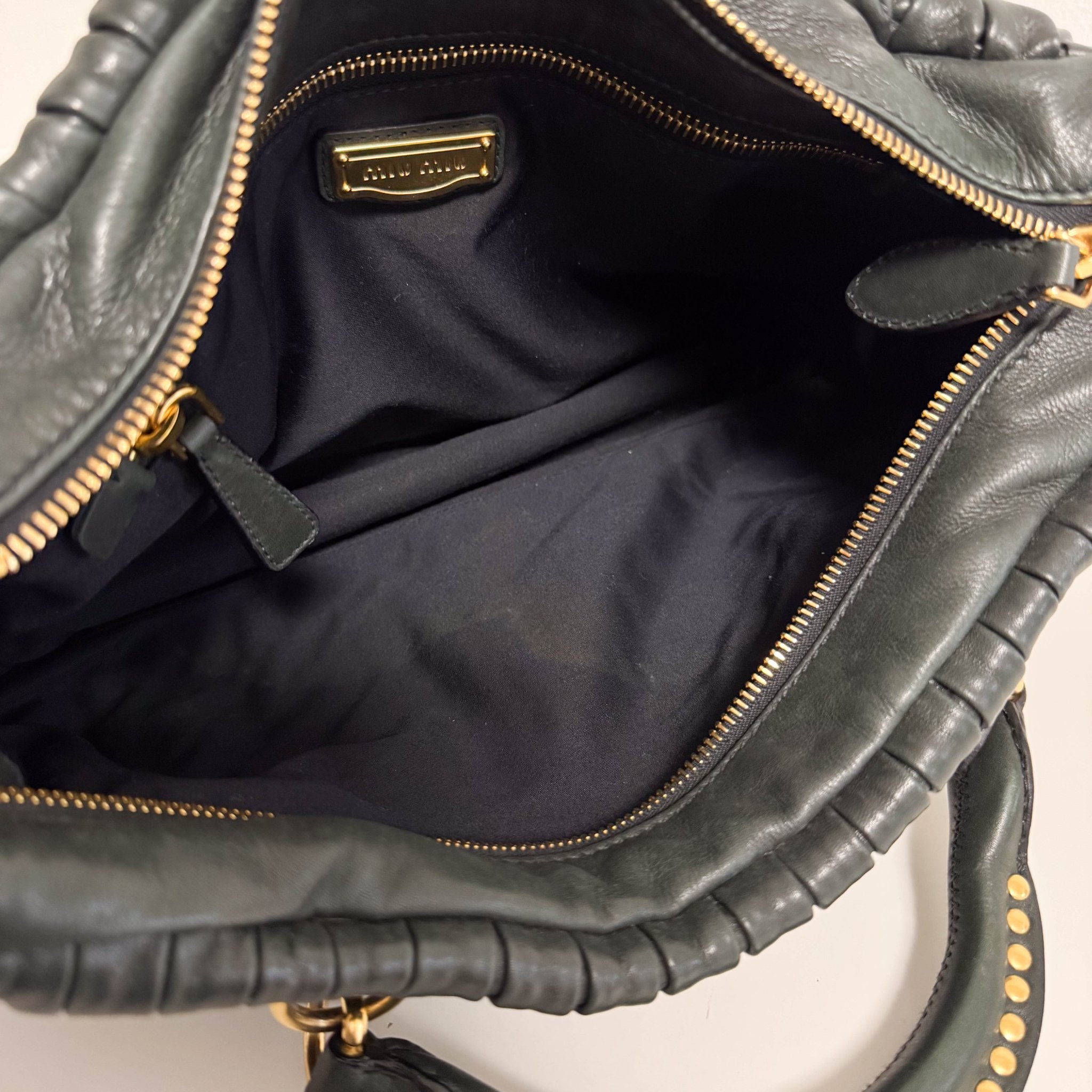 MIU MIU Pleated Leather Green Gold Hardware Handbag, in , Sold by HIVE PRELOVED - Handle Bags, ,