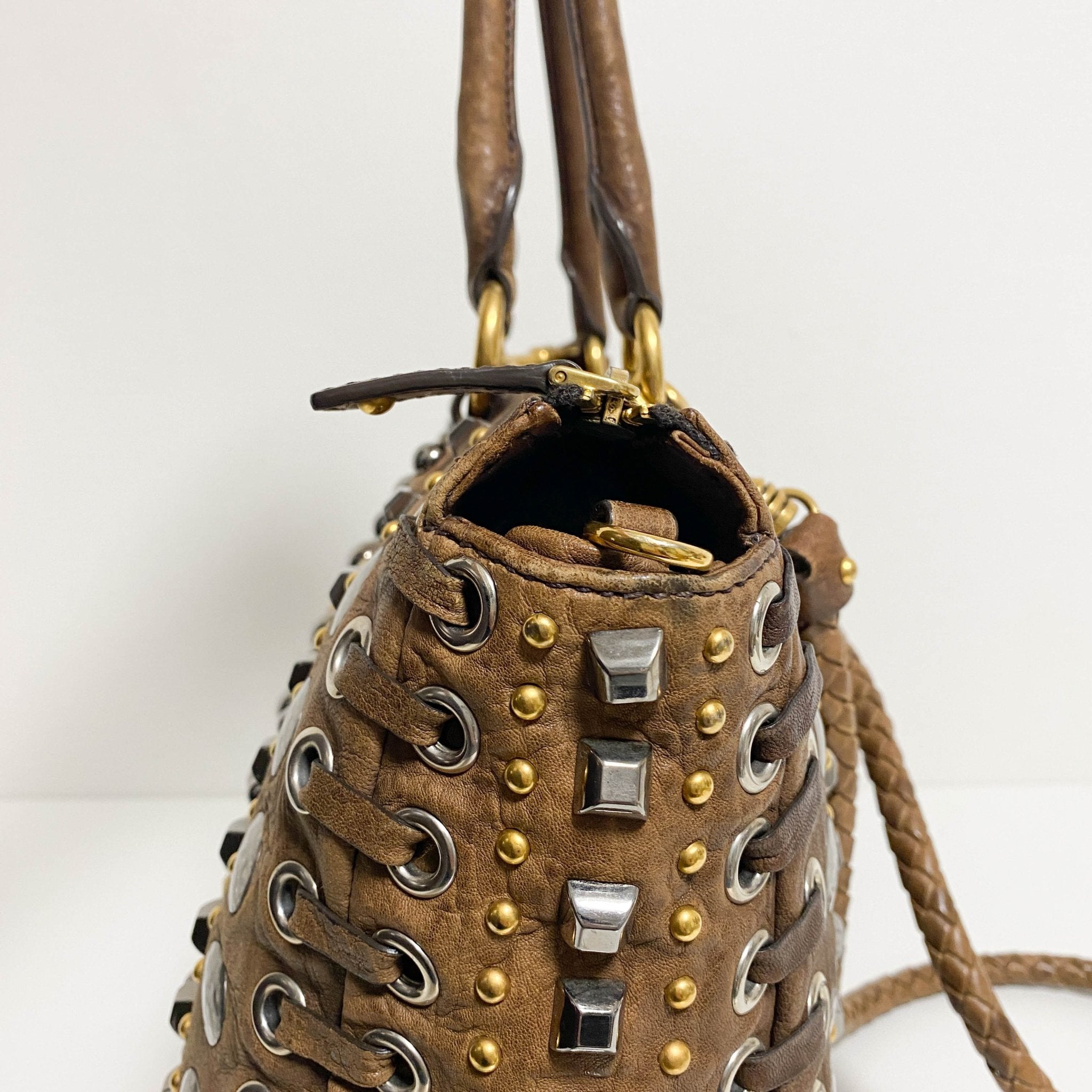 MIU MIU Vintage Studs Brown Tote Bag, in , Sold by HIVE PRELOVED - Shoulder Bags, Totes,