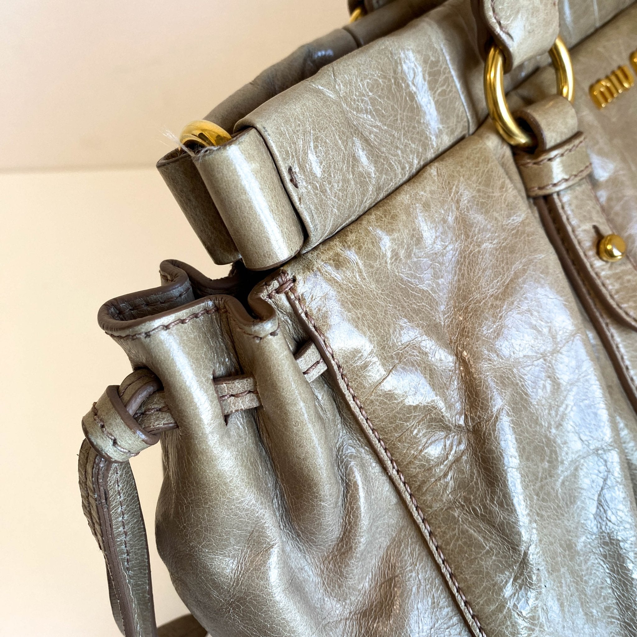 MIU MIU Vitello Bauletto Beige Leather Handbag, in , Sold by HIVE PRELOVED - Handle Bags, ,