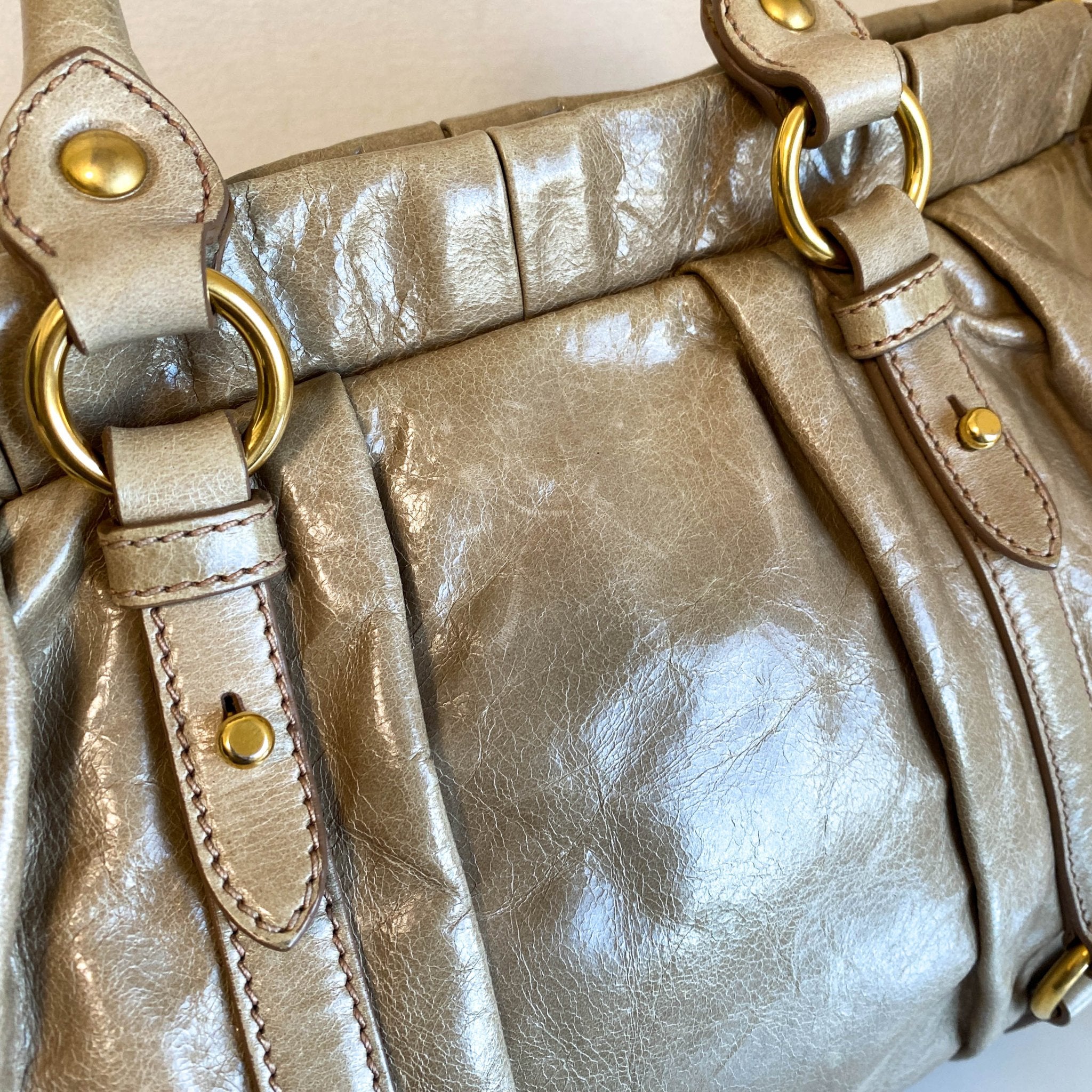 MIU MIU Vitello Bauletto Beige Leather Handbag, in , Sold by HIVE PRELOVED - Handle Bags, ,