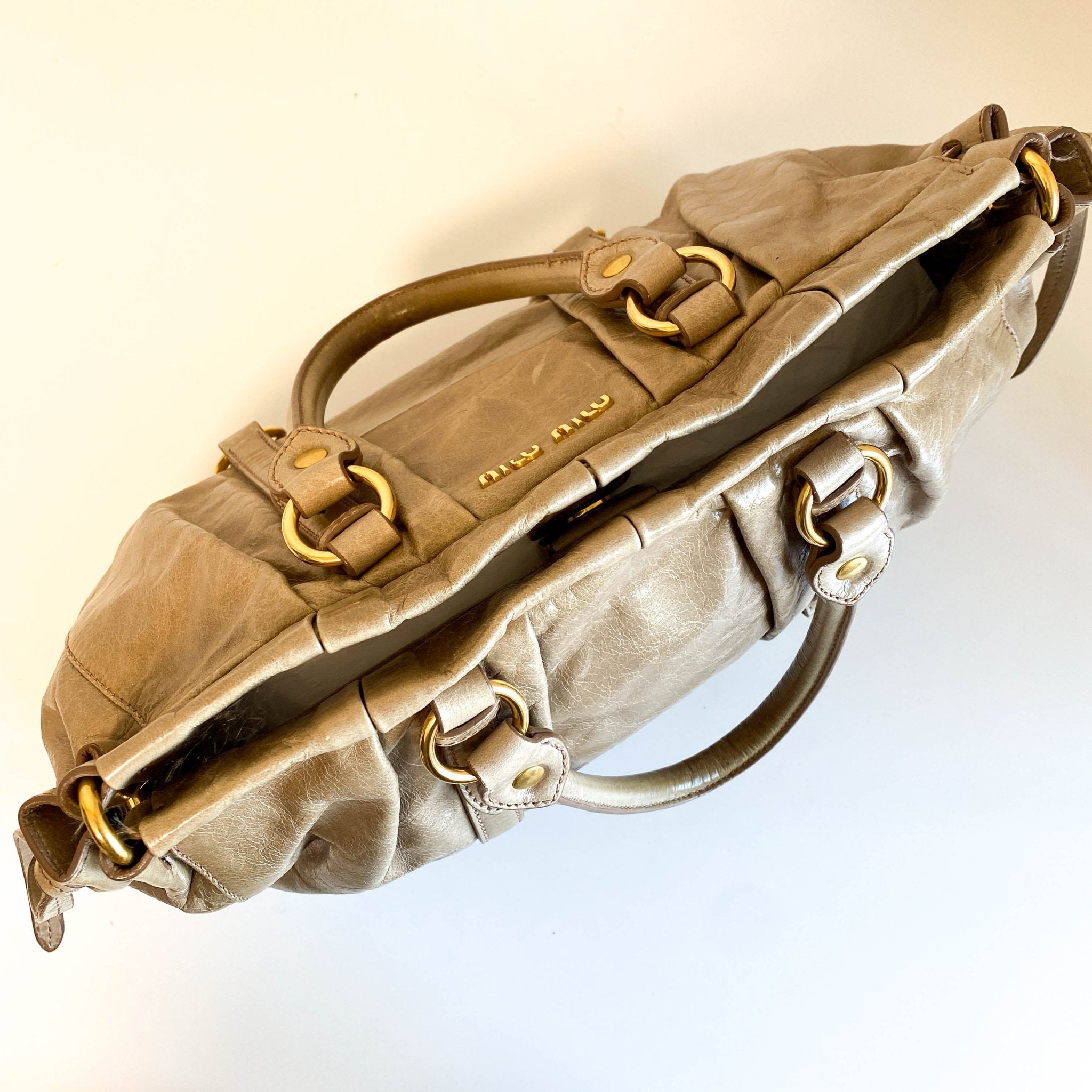 MIU MIU Vitello Bauletto Beige Leather Handbag, in , Sold by HIVE PRELOVED - Handle Bags, ,