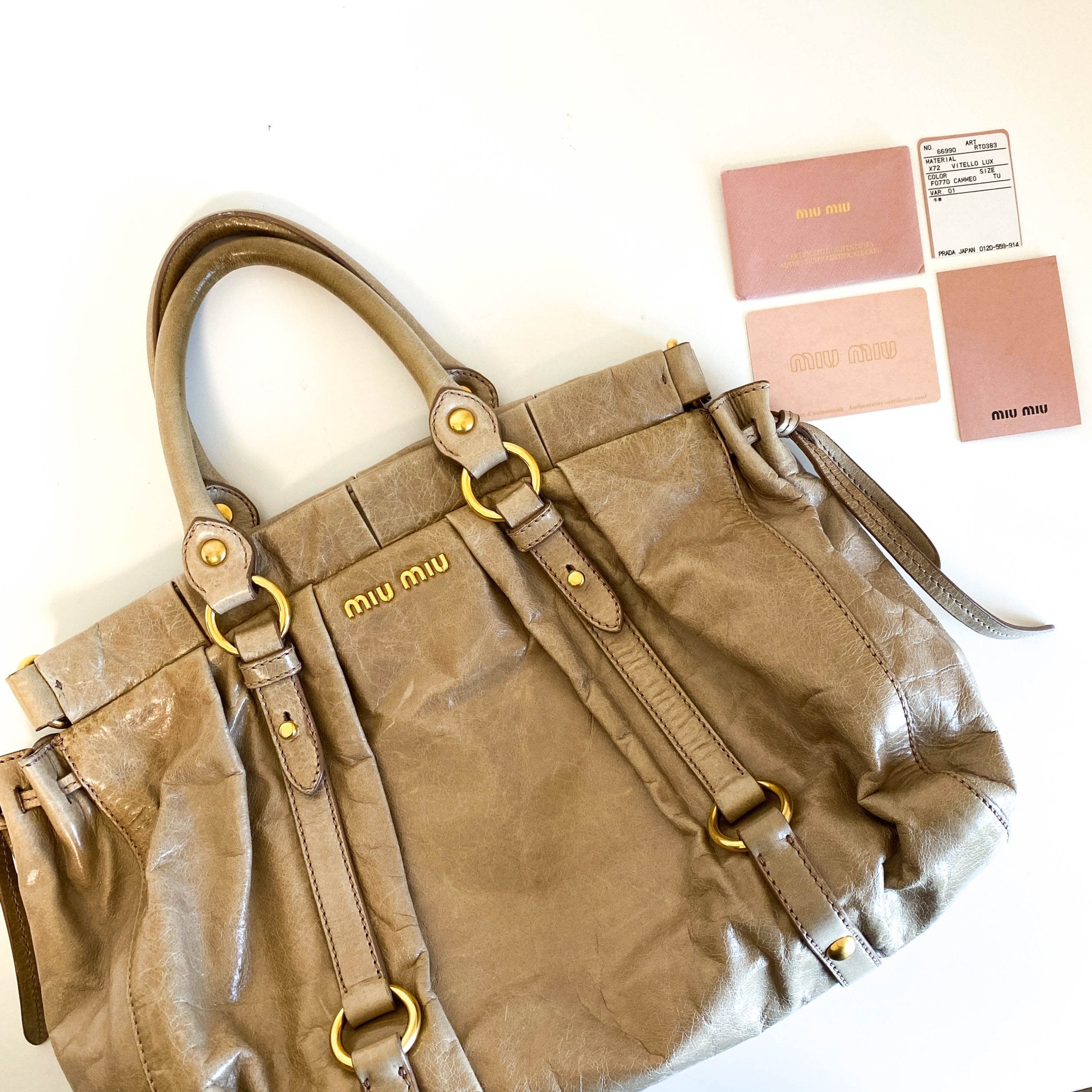 MIU MIU Vitello Bauletto Beige Leather Handbag, in , Sold by HIVE PRELOVED - Handle Bags, ,