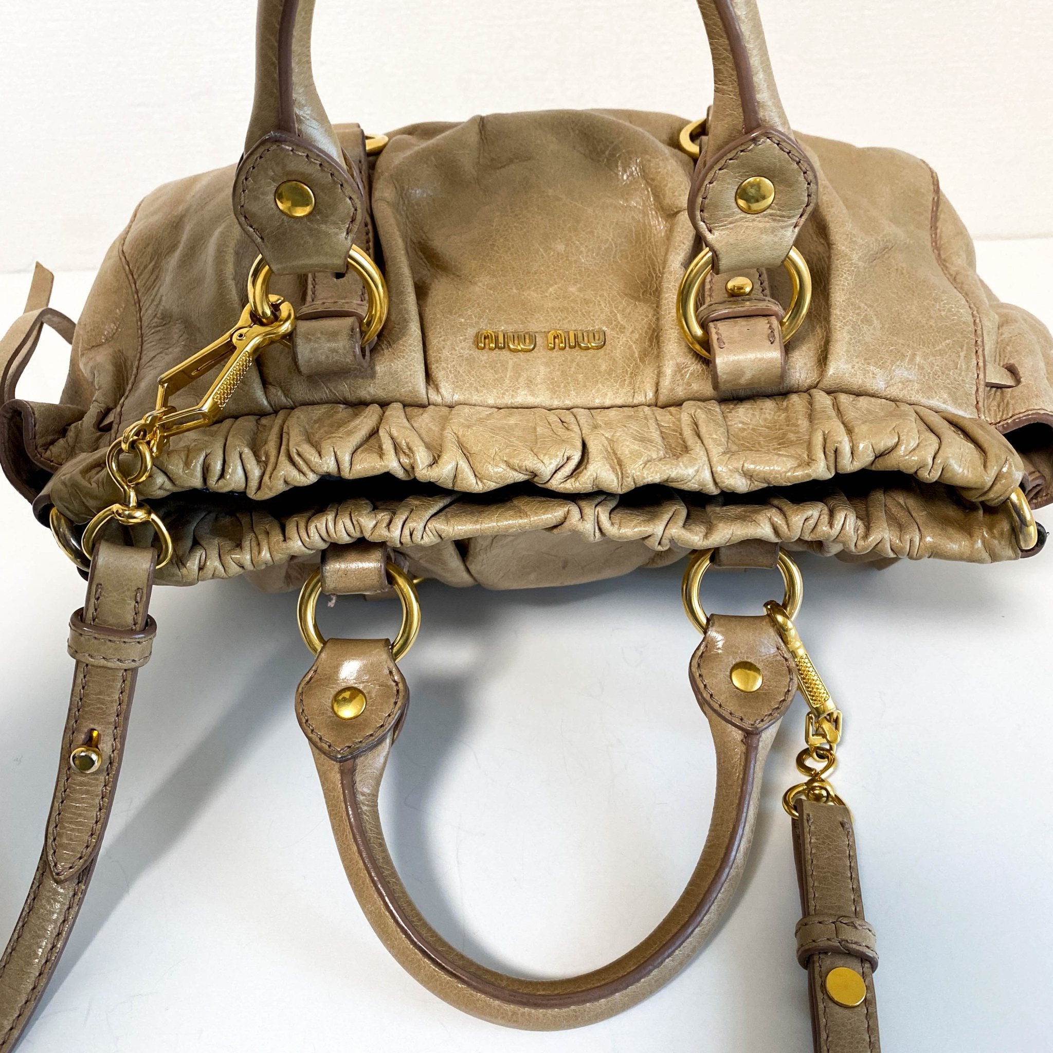 MIU MIU Vitello Bauletto Cream Leather Handle Bag, in , Sold by HIVE PRELOVED - Crossbody bags, Handle Bags,