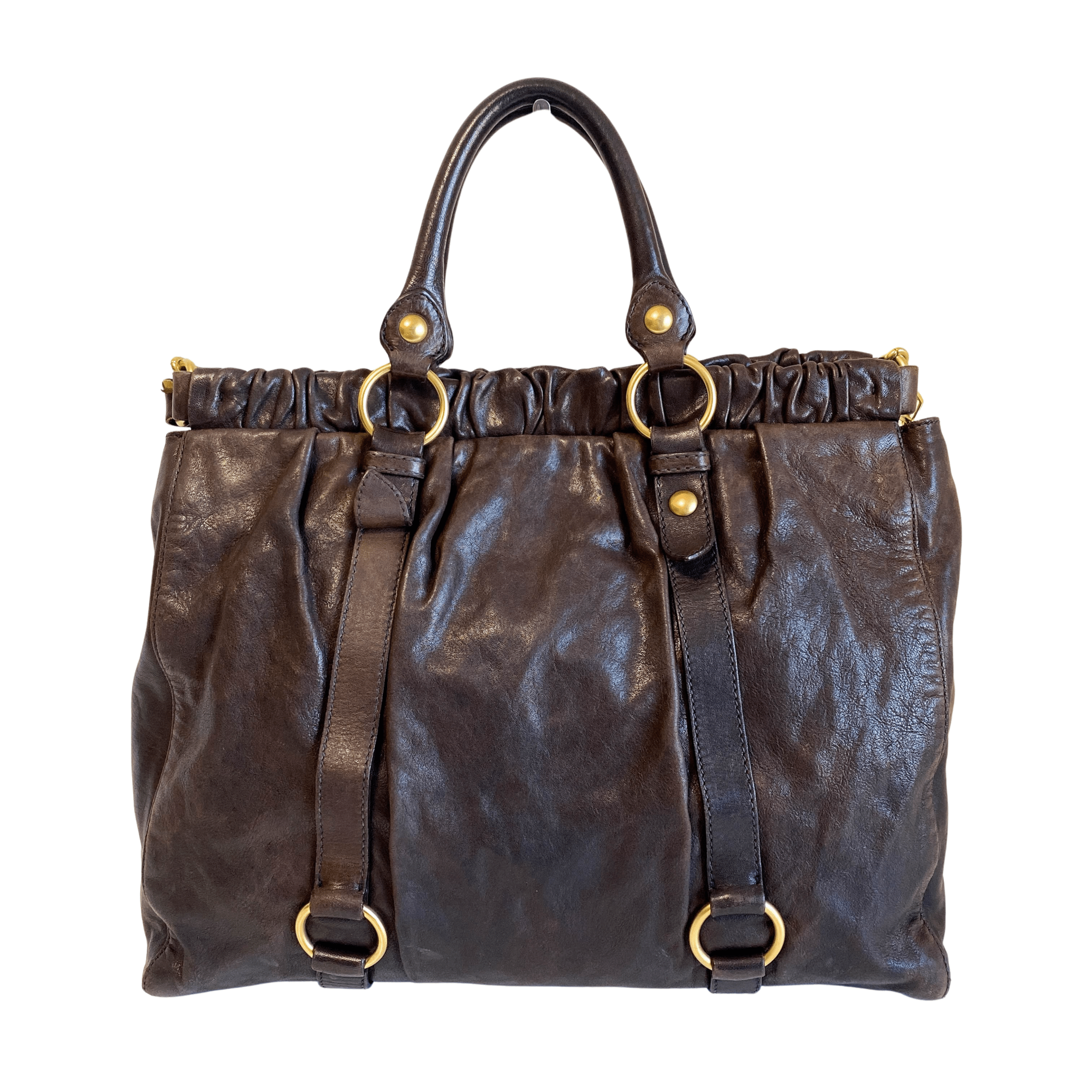 MIU MIU Vitello Bauletto Dark Brown Leather Handle Bag MIU MIU Vitello Bauletto Dark Brown Leather Handle Bag