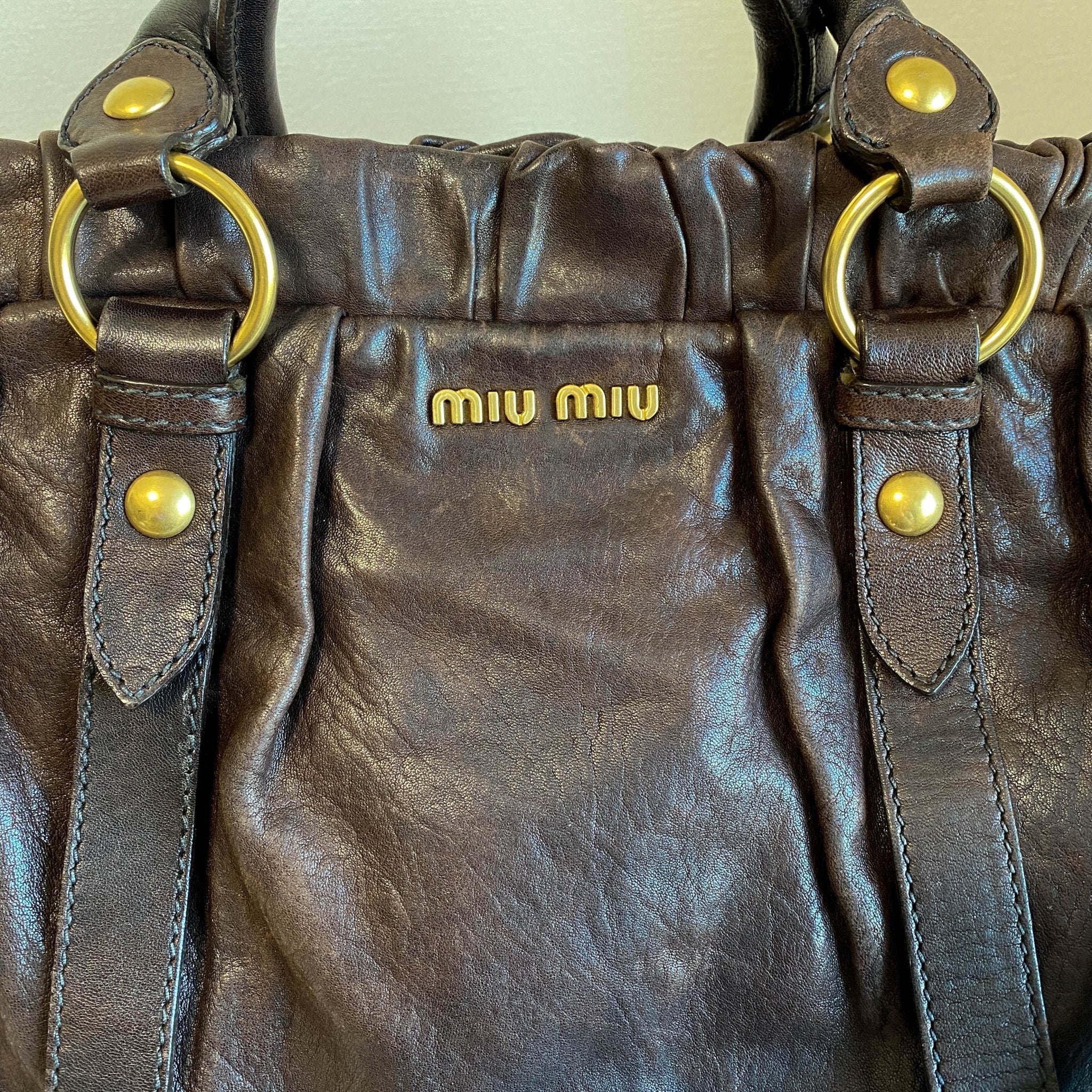 MIU MIU Vitello Bauletto Dark Brown Leather Handle Bag, in , Sold by HIVE PRELOVED - Handle Bags, Shoulder Bags,