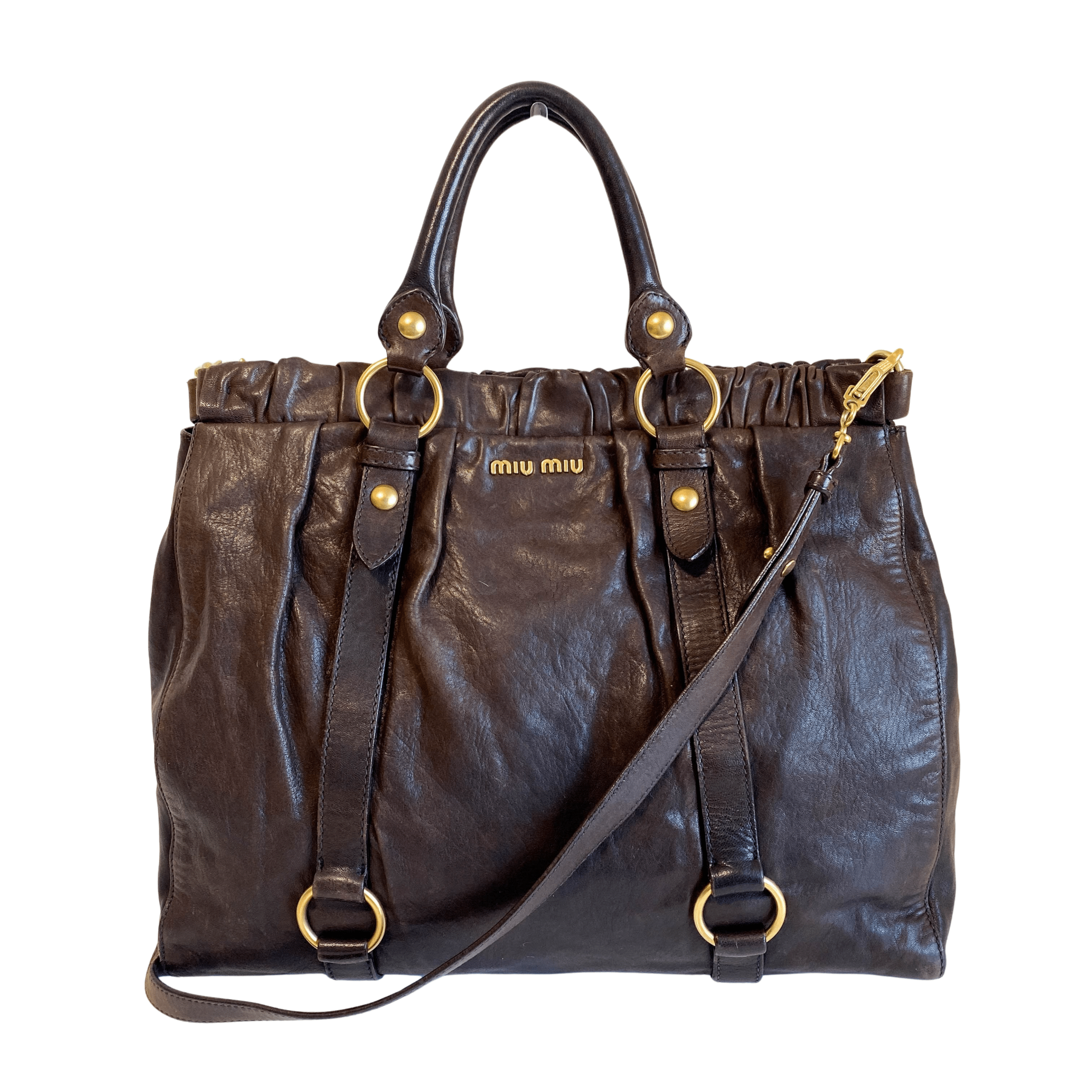MIU MIU Vitello Bauletto Dark Brown Leather Handle Bag, in , Sold by HIVE PRELOVED - Handle Bags, Shoulder Bags,