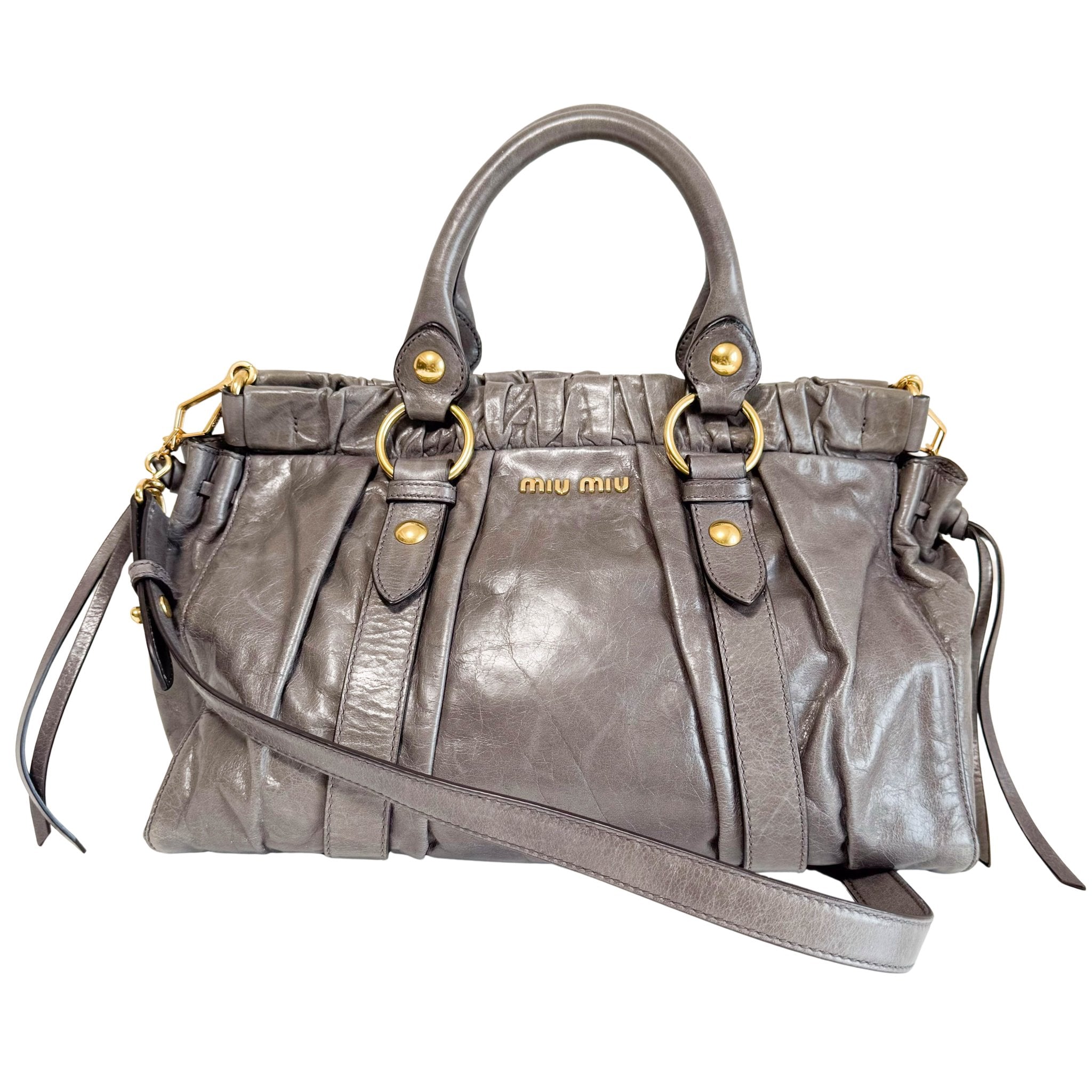 MIU MIU Vitello Bauletto Leather Handbag Grey, in , Sold by HIVE PRELOVED - Crossbody bags, Handle Bags,