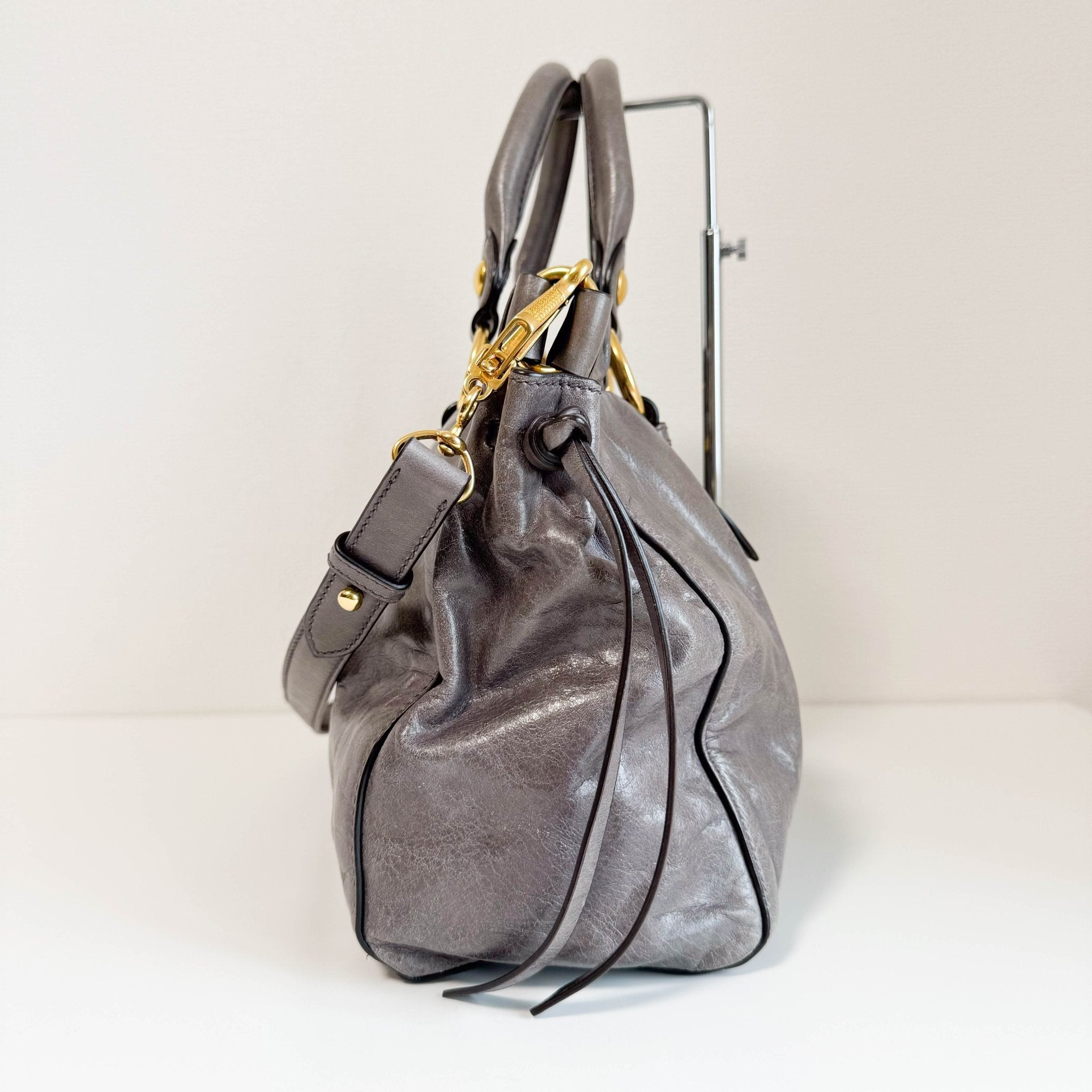 MIU MIU Vitello Bauletto Leather Handbag Grey, in , Sold by HIVE PRELOVED - Crossbody bags, Handle Bags,