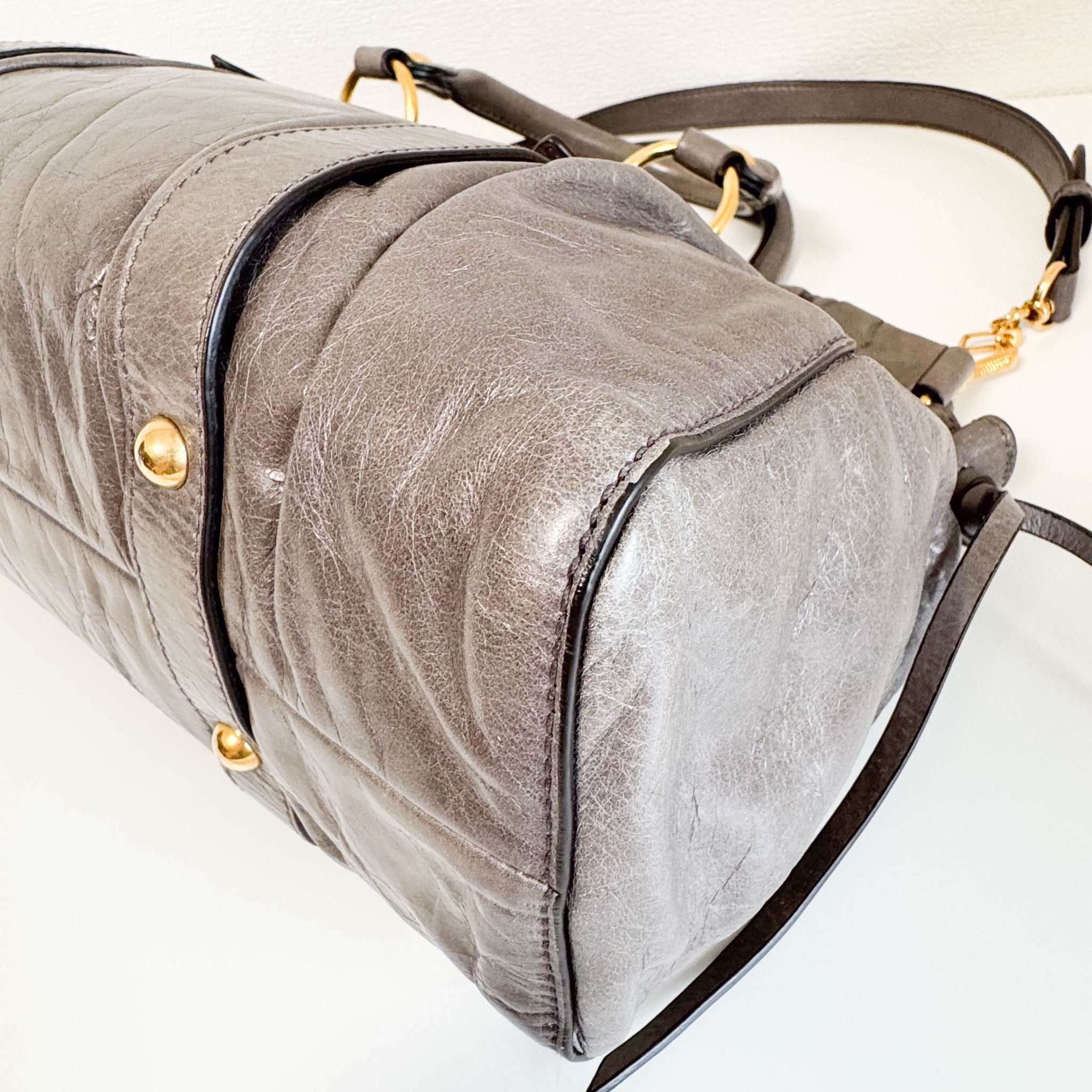 MIU MIU Vitello Bauletto Leather Handbag Grey, in , Sold by HIVE PRELOVED - Crossbody bags, Handle Bags,