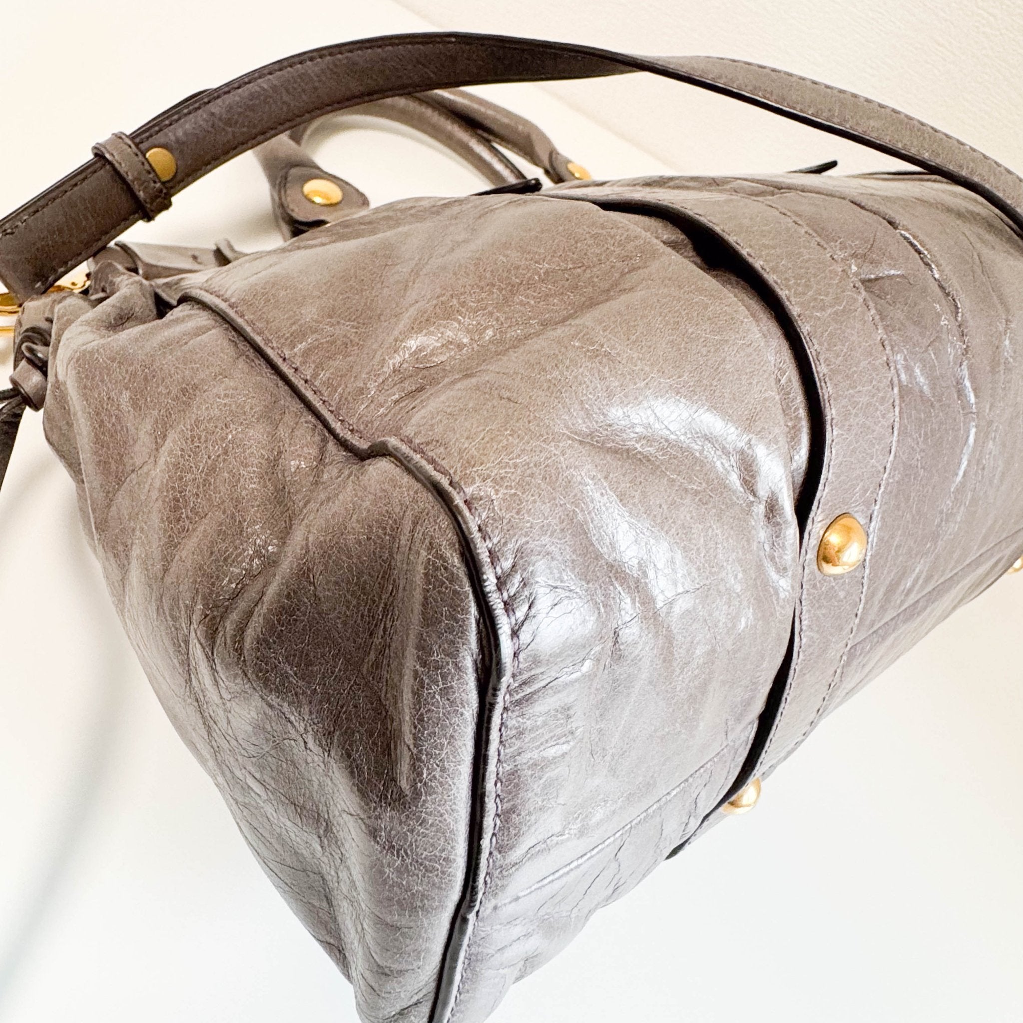 MIU MIU Vitello Bauletto Leather Handbag Grey, in , Sold by HIVE PRELOVED - Crossbody bags, Handle Bags,