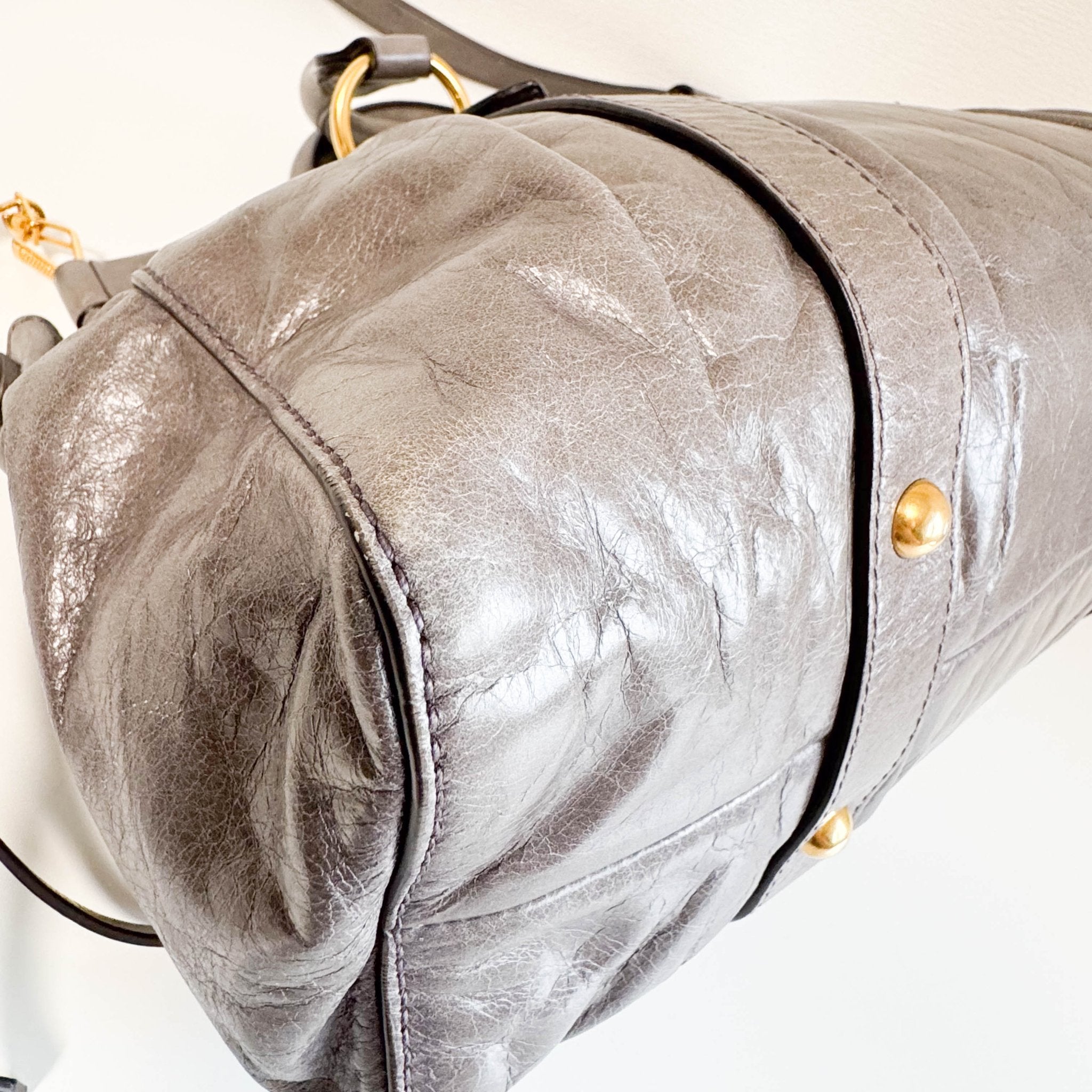 MIU MIU Vitello Bauletto Leather Handbag Grey, in , Sold by HIVE PRELOVED - Crossbody bags, Handle Bags,