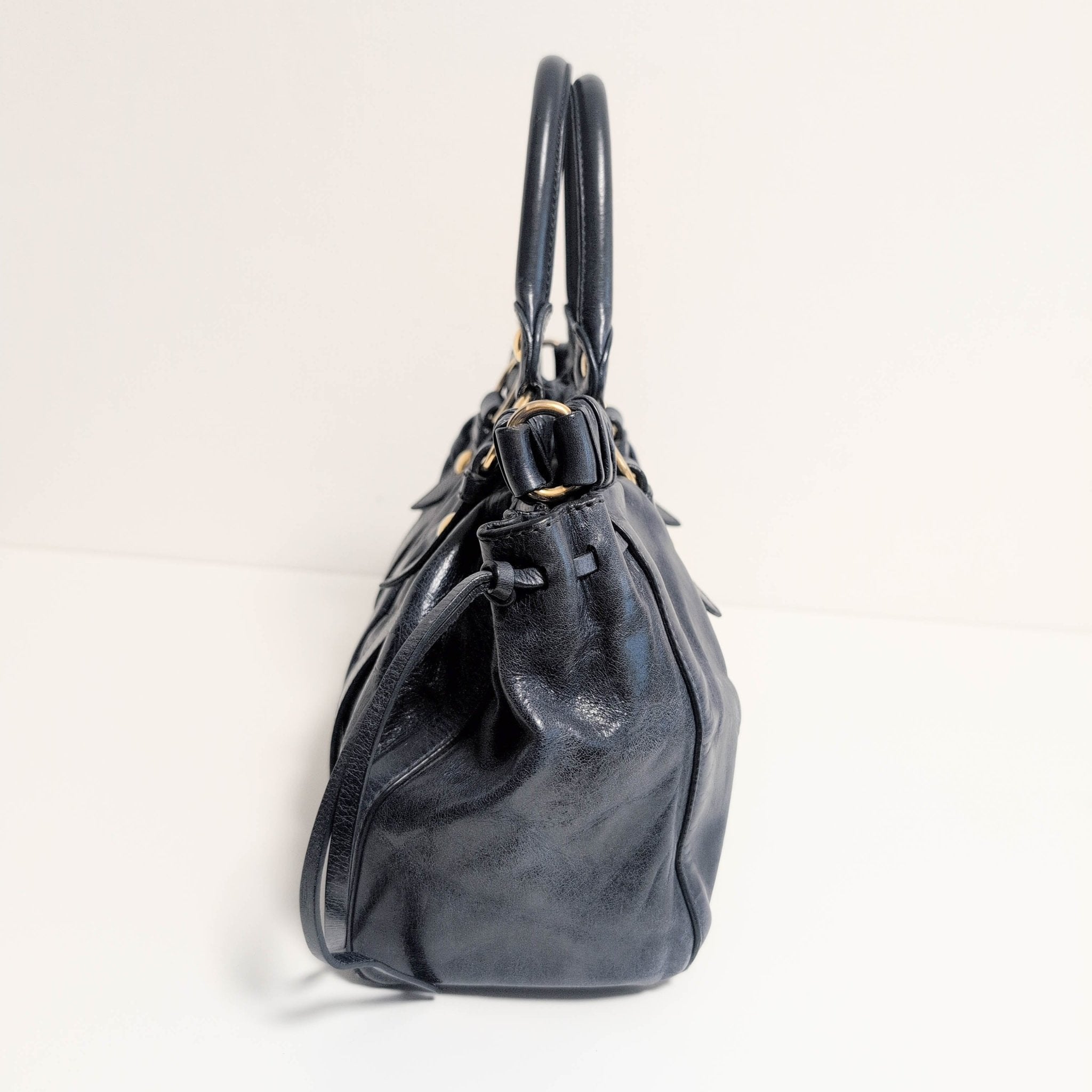 MIU MIU Vitello Bauletto Navy Leather Handbag, in , Sold by HIVE PRELOVED - Handle Bags, ,