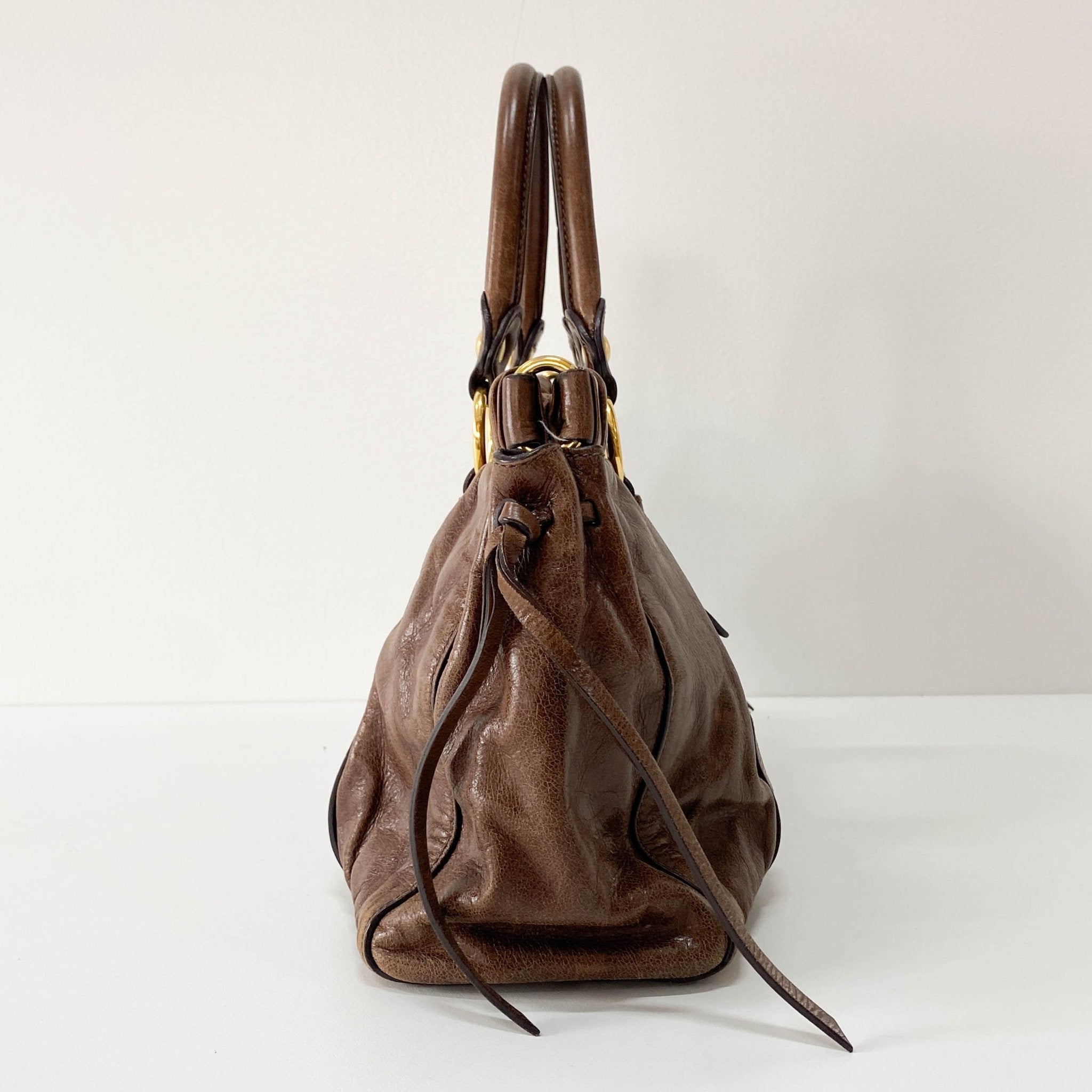 MIU MIU Vitello Brown Leather Top Handle Bag, in , Sold by HIVE PRELOVED - Crossbody bags, Handle Bags,