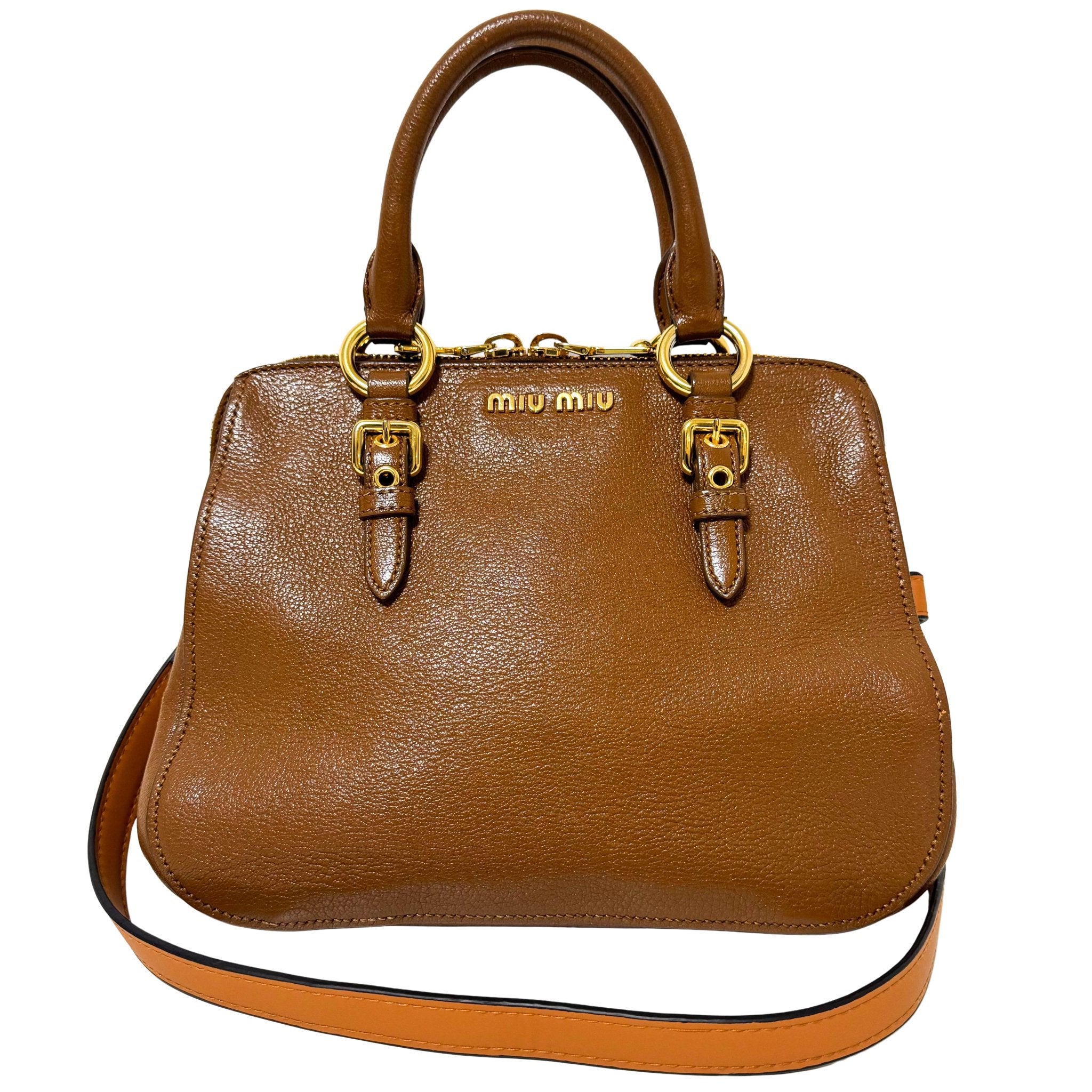MIU MIU Vitello Caribu Brown Leather Top Handle Crossbody Bag, in , Sold by HIVE PRELOVED - Crossbody bags, Handle Bags,