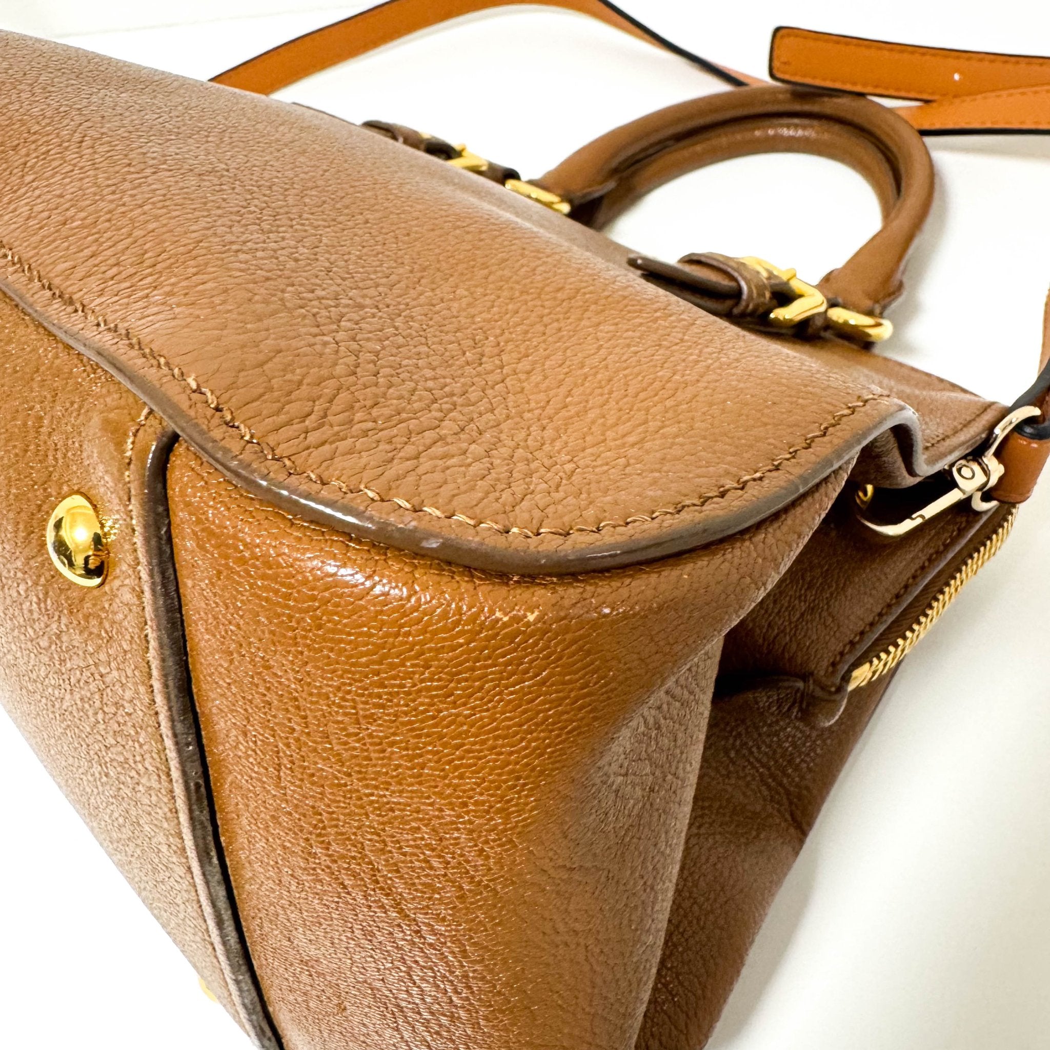 MIU MIU Vitello Caribu Brown Leather Top Handle Crossbody Bag, in , Sold by HIVE PRELOVED - Crossbody bags, Handle Bags,