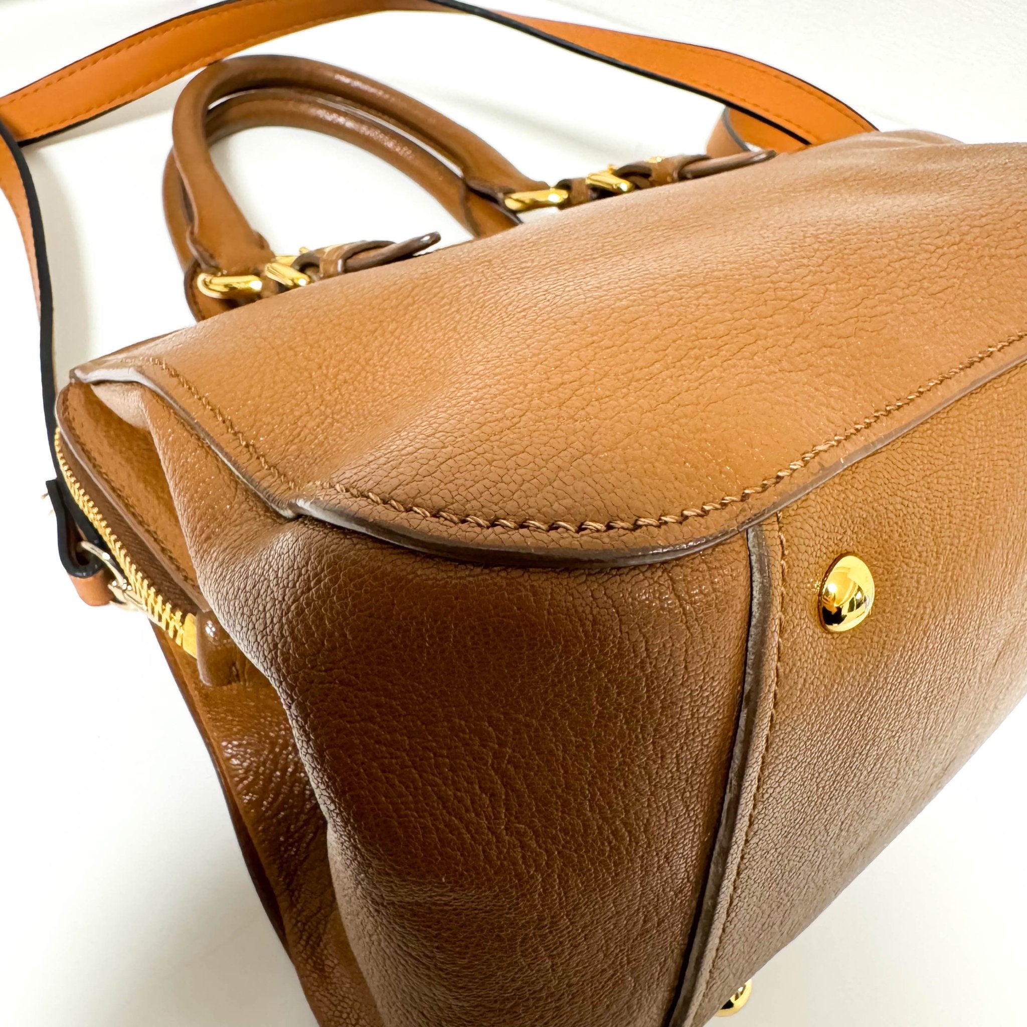 MIU MIU Vitello Caribu Brown Leather Top Handle Crossbody Bag, in , Sold by HIVE PRELOVED - Crossbody bags, Handle Bags,