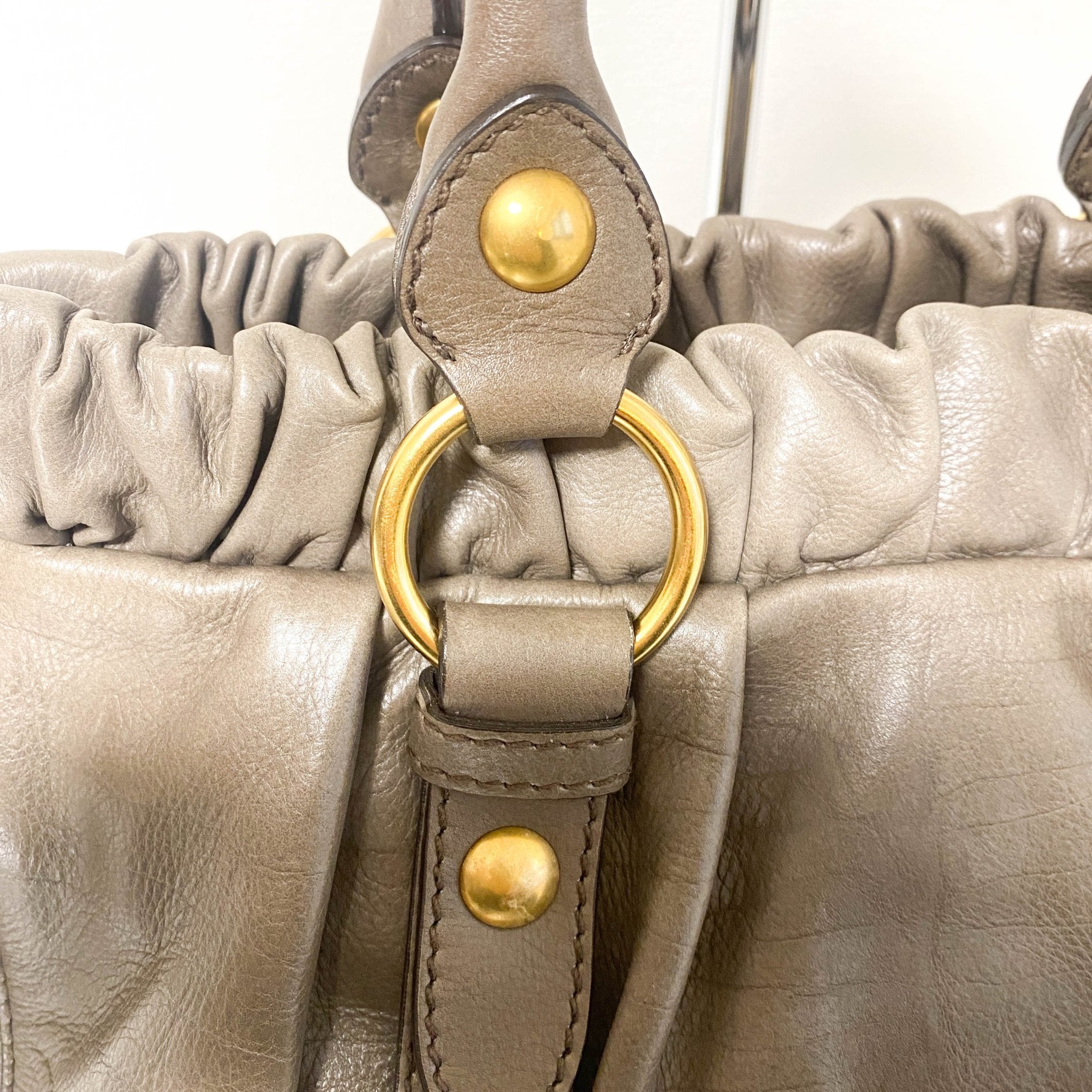 MIU MIU Vitello Lux Bauletto Leather Handbag Smoke Grey, in , Sold by HIVE PRELOVED - Crossbody bags, Handle Bags,