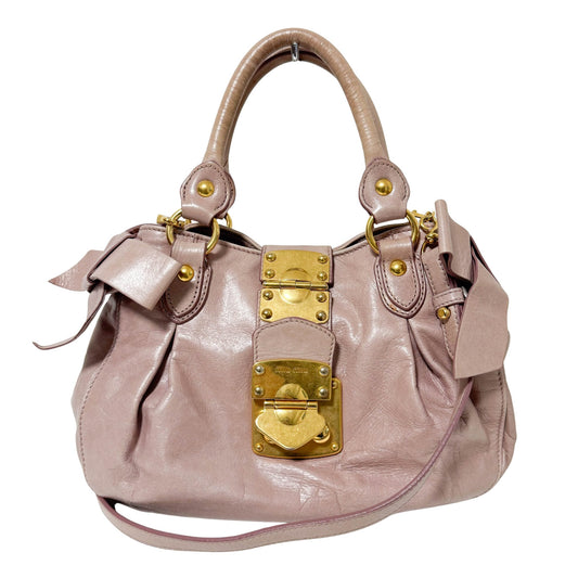 MIU MIU Vitello Lux Leather Gold Buckle Side Bow Bag Dust Pink, in , Sold by HIVE PRELOVED - Crossbody bags, Handle Bags,
