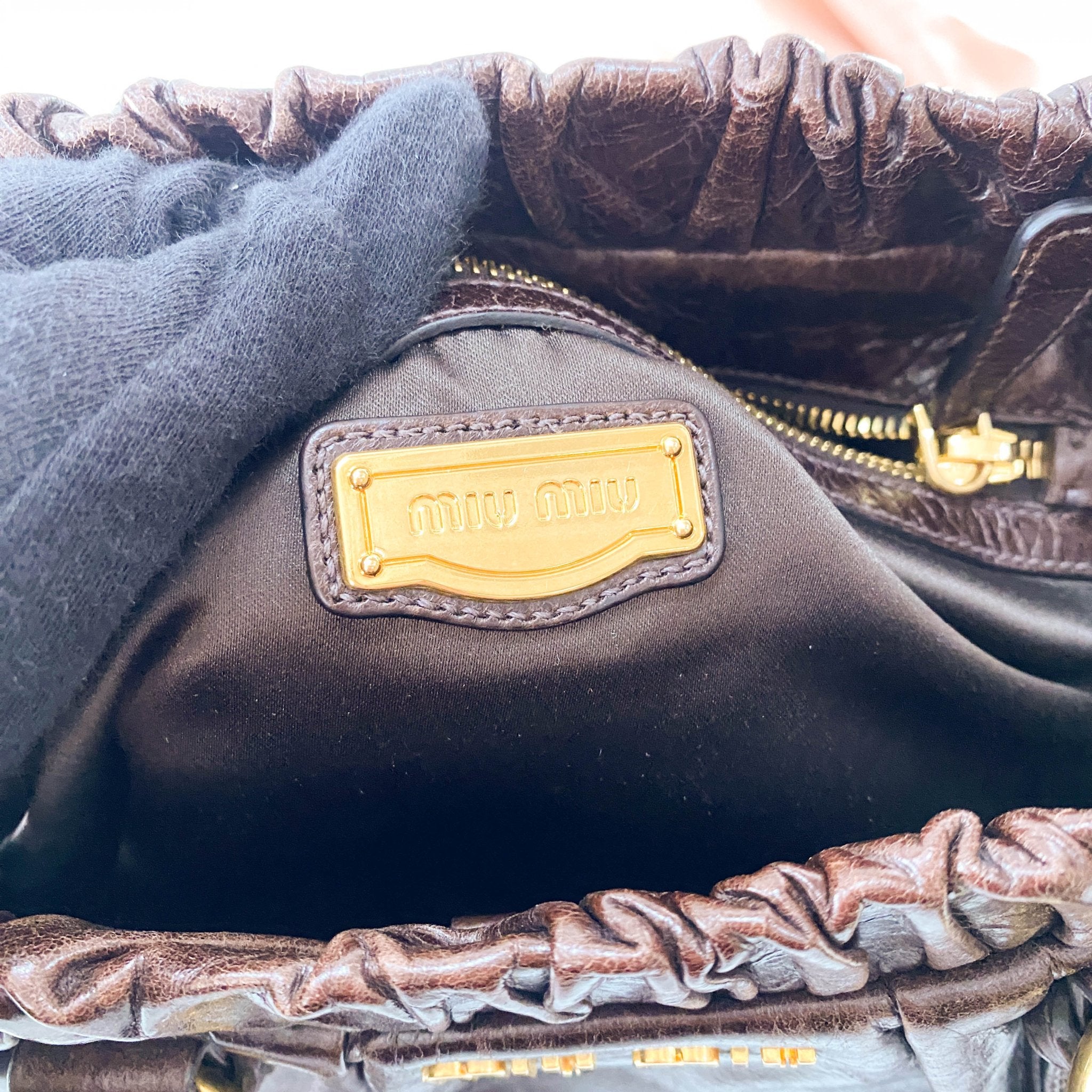 MIU MIU Vitello Luxe Brown Leather Top Handle Bag, in , Sold by HIVE PRELOVED - Handle Bags, Shoulder Bags,