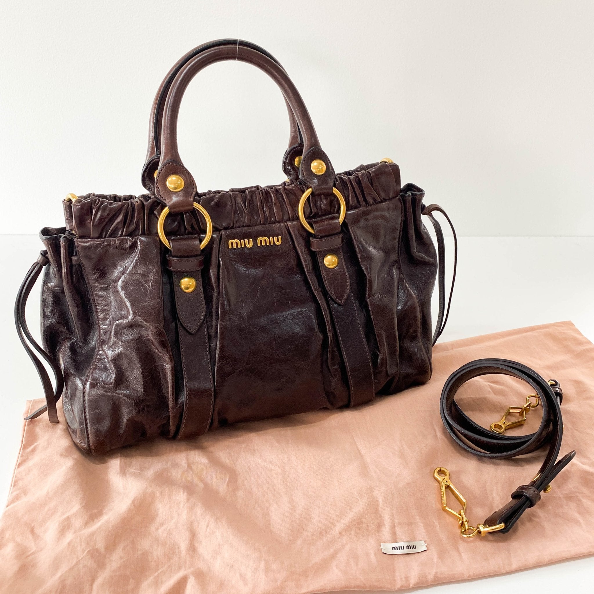 MIU MIU Vitello Luxe Brown Leather Top Handle Bag, in , Sold by HIVE PRELOVED - Handle Bags, Shoulder Bags,