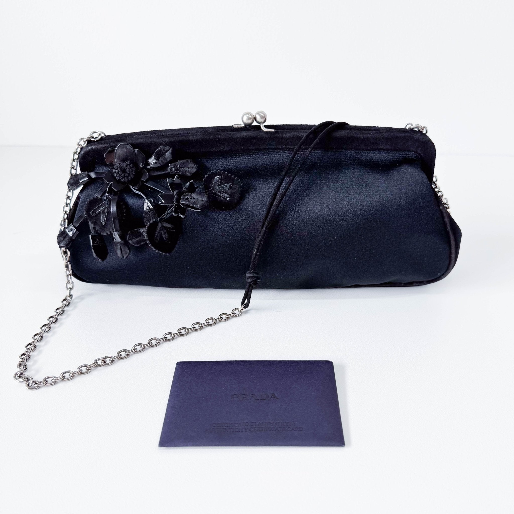 PRADA Black Satin Flower Embroidered Chain Bag, in , Sold by HIVE PRELOVED - Shoulder Bags, ,