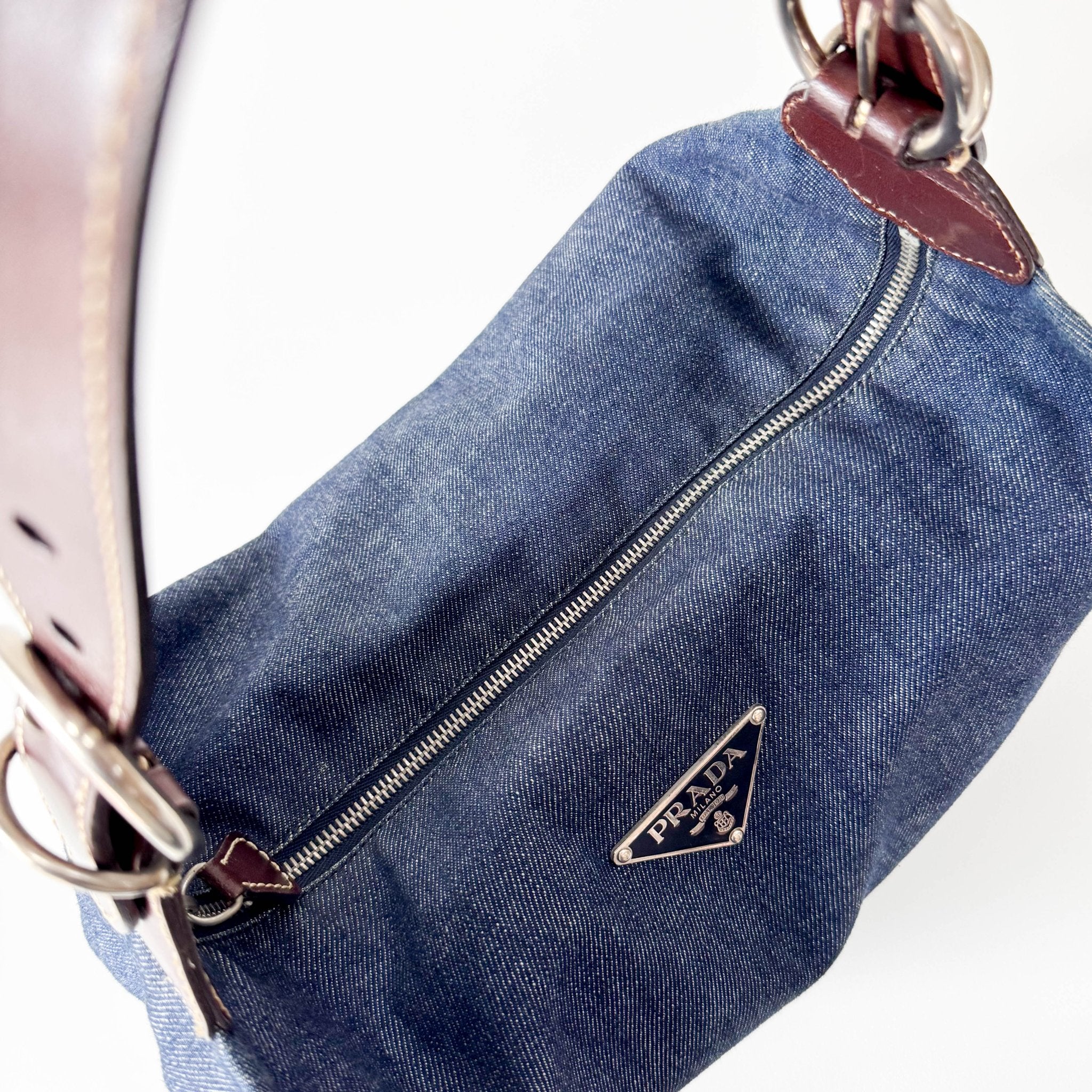 PRADA Blue Denim & Brown Leather Handle Bag, in , Sold by HIVE PRELOVED - Handle Bags, ,