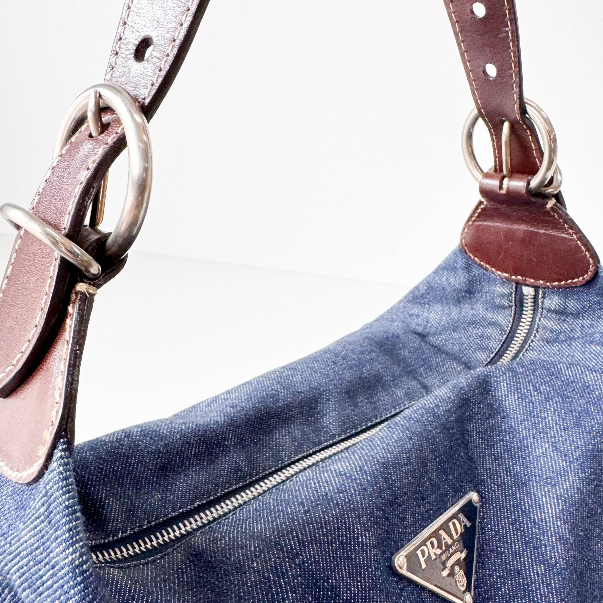 PRADA Blue Denim & Brown Leather Handle Bag, in , Sold by HIVE PRELOVED - Handle Bags, ,