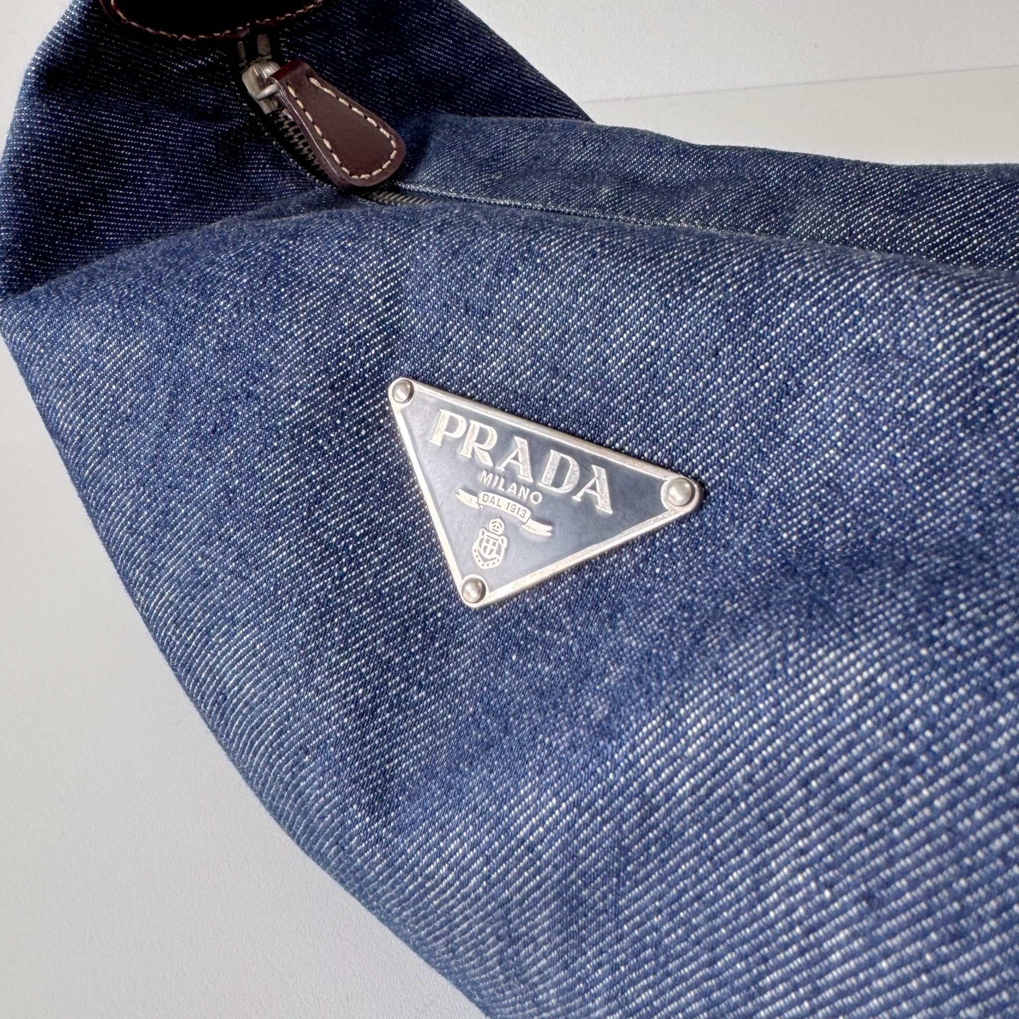 PRADA Blue Denim & Brown Leather Handle Bag, in , Sold by HIVE PRELOVED - Handle Bags, ,