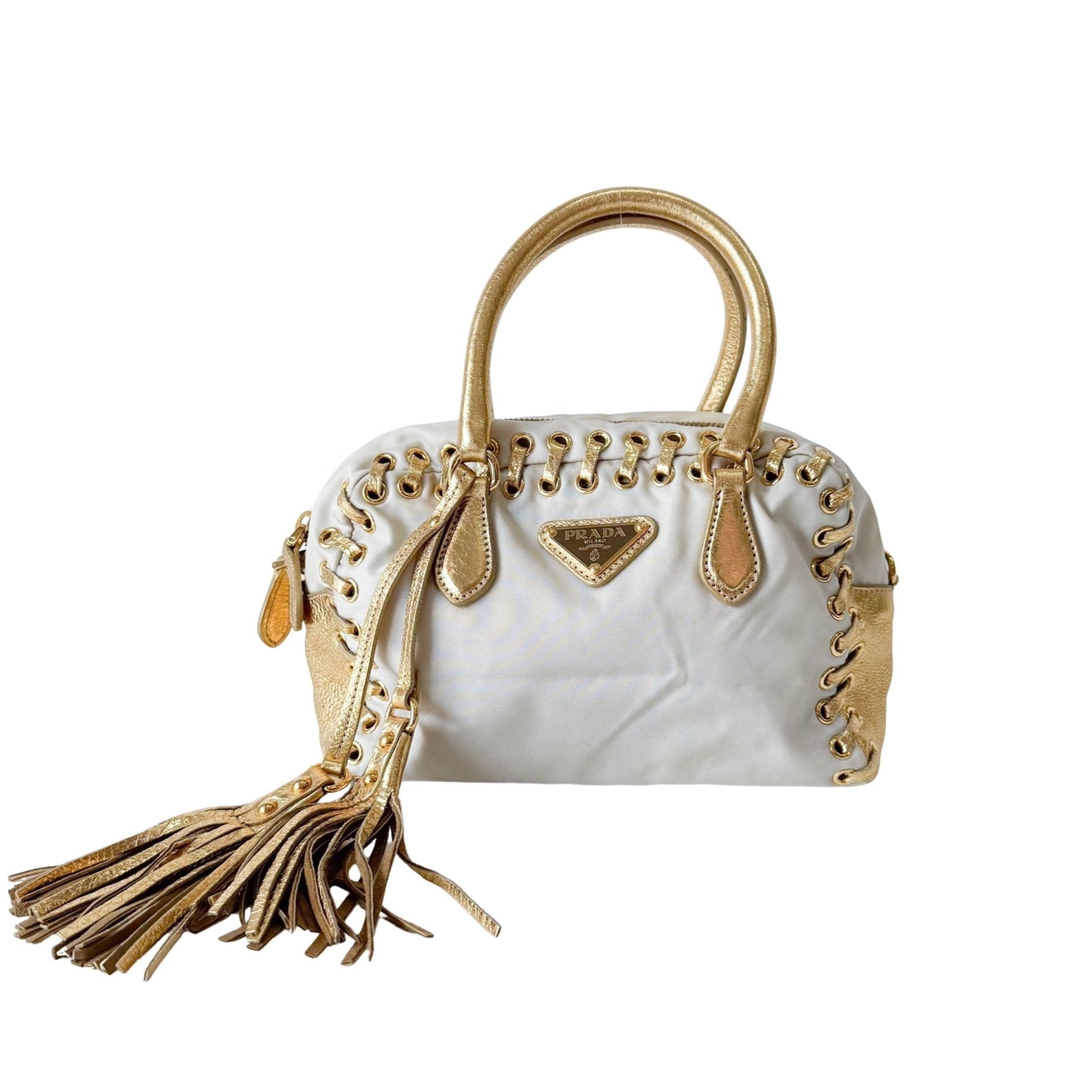 PRADA Bow Gold Leather and Nylon Hand Bag, in , Sold by HIVE PRELOVED - Handle Bags, ,