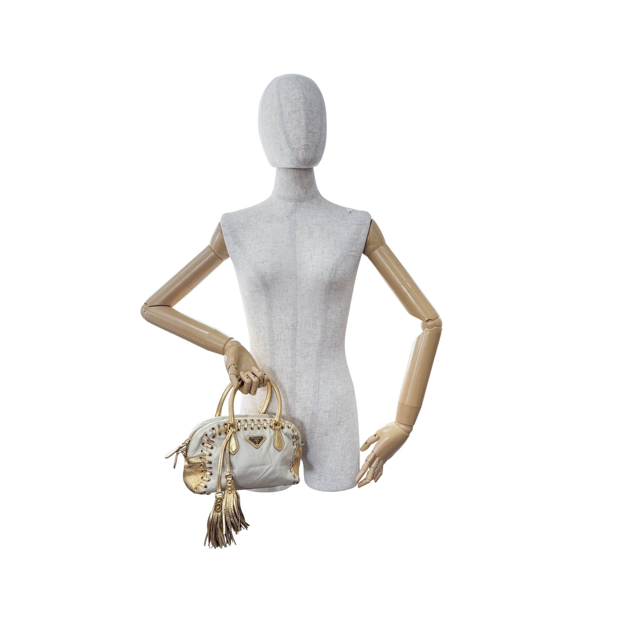 PRADA Bow Gold Leather and Nylon Hand Bag, in , Sold by HIVE PRELOVED - Handle Bags, ,