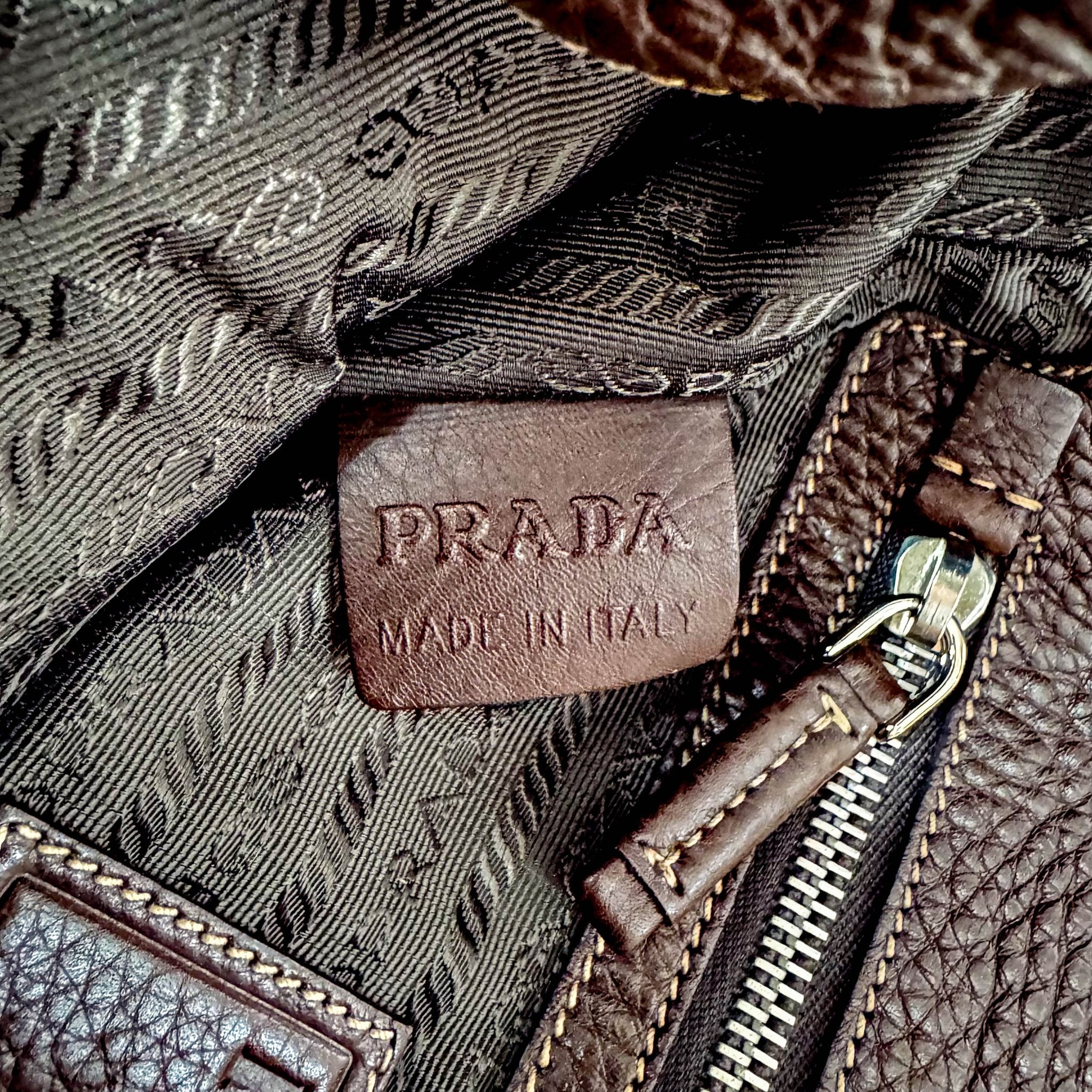 PRADA Brown Leather Natural Cotton Cord Stripe Shoulder Bag, in , Sold by HIVE PRELOVED - Shoulder Bags, ,