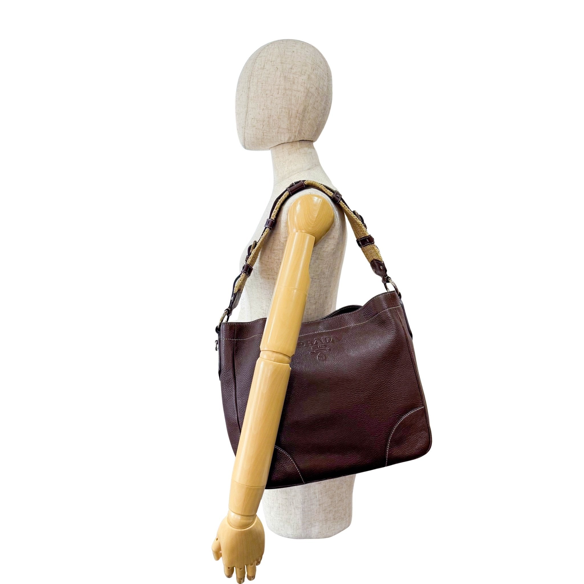 PRADA Brown Leather Natural Cotton Cord Stripe Shoulder Bag, in , Sold by HIVE PRELOVED - Shoulder Bags, ,
