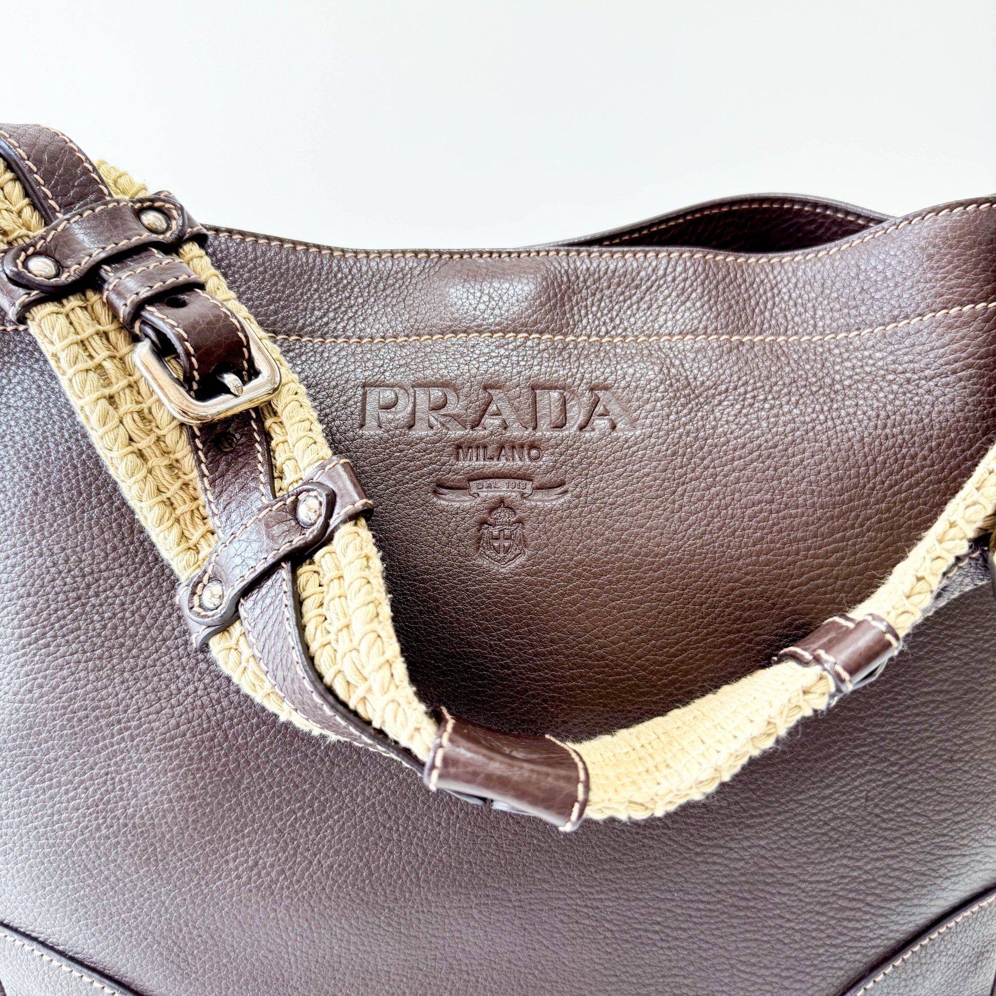 PRADA Brown Leather Natural Cotton Cord Stripe Shoulder Bag, in , Sold by HIVE PRELOVED - Shoulder Bags, ,