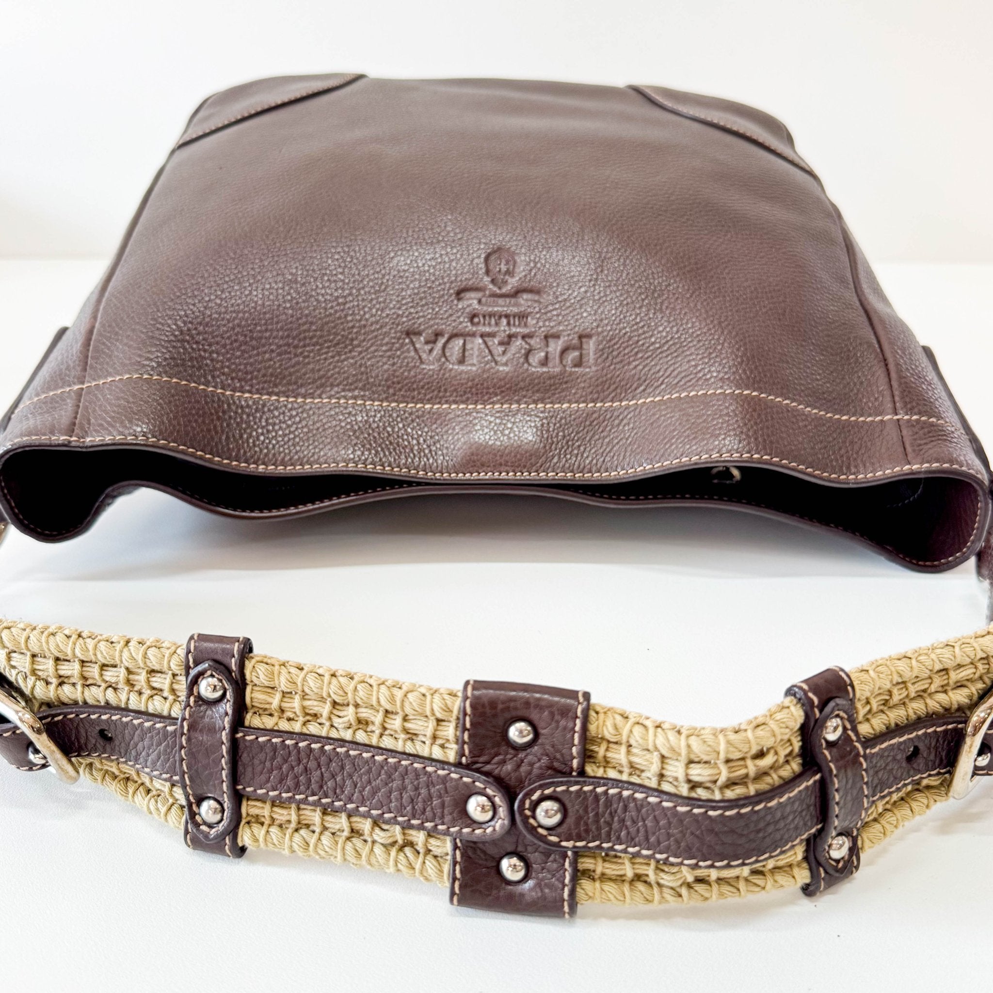 PRADA Brown Leather Natural Cotton Cord Stripe Shoulder Bag, in , Sold by HIVE PRELOVED - Shoulder Bags, ,